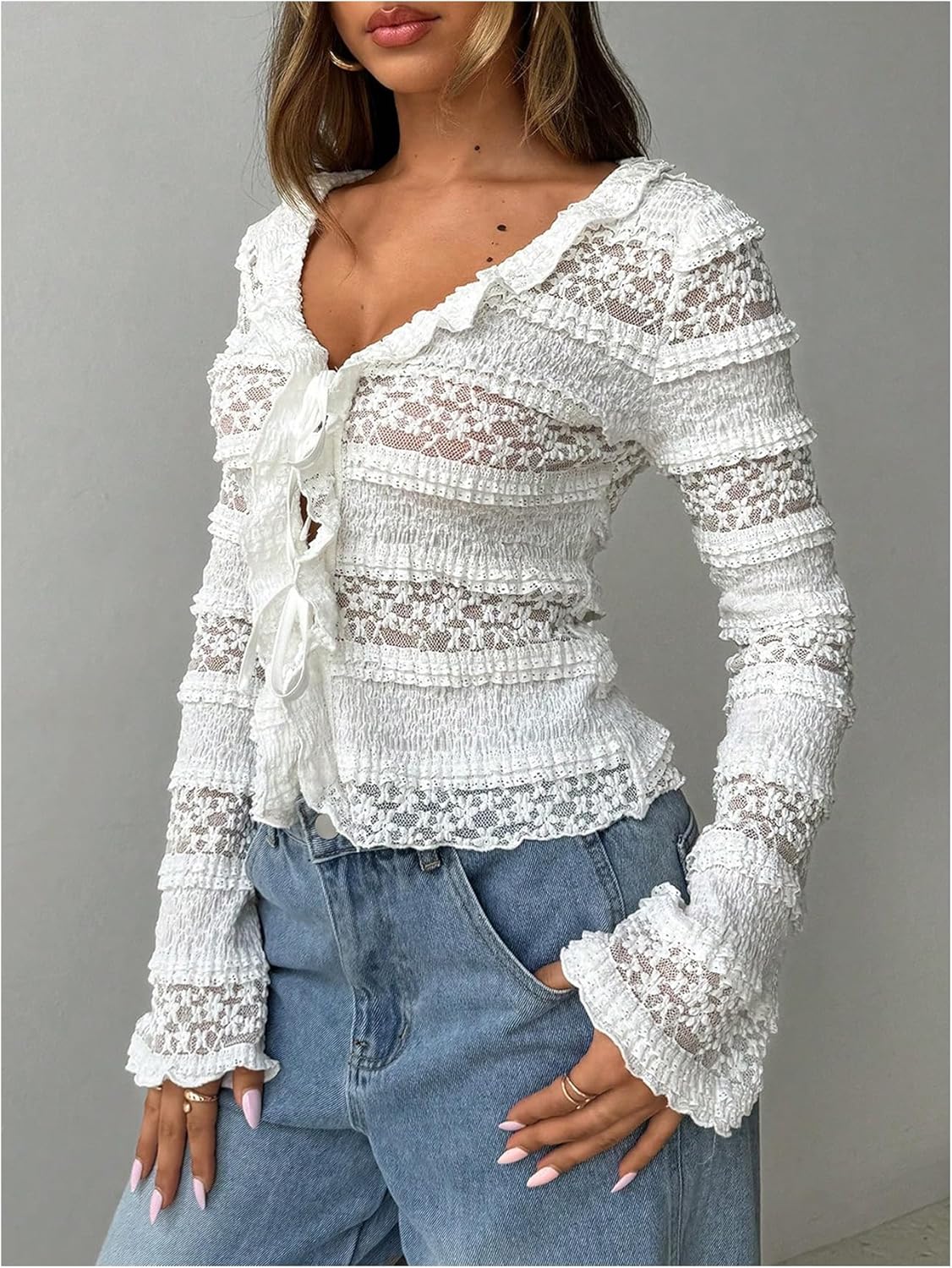 Milumia Women's Floral Lace Tie Front Frilled Top Sexy Sheer Deep V Neck Long Sleeve Tee Tops - Image 2