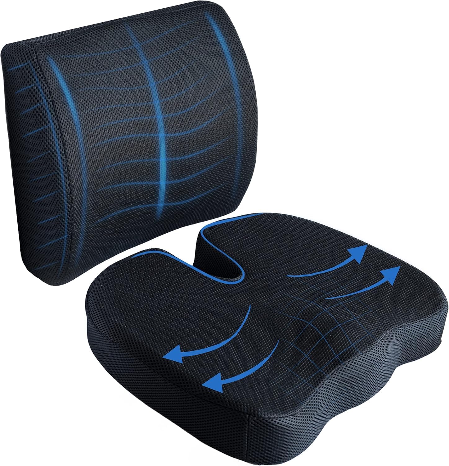 SKY-TOUCH Sky Touch Seat Cushion + Lumbar Support Ergonomic Pillow 100% Memory Foam Back Support and Pain Relief for Office Chair Cushion, Lumbar Support Pillow for Car Seat Cushion, Back Pillow Black
