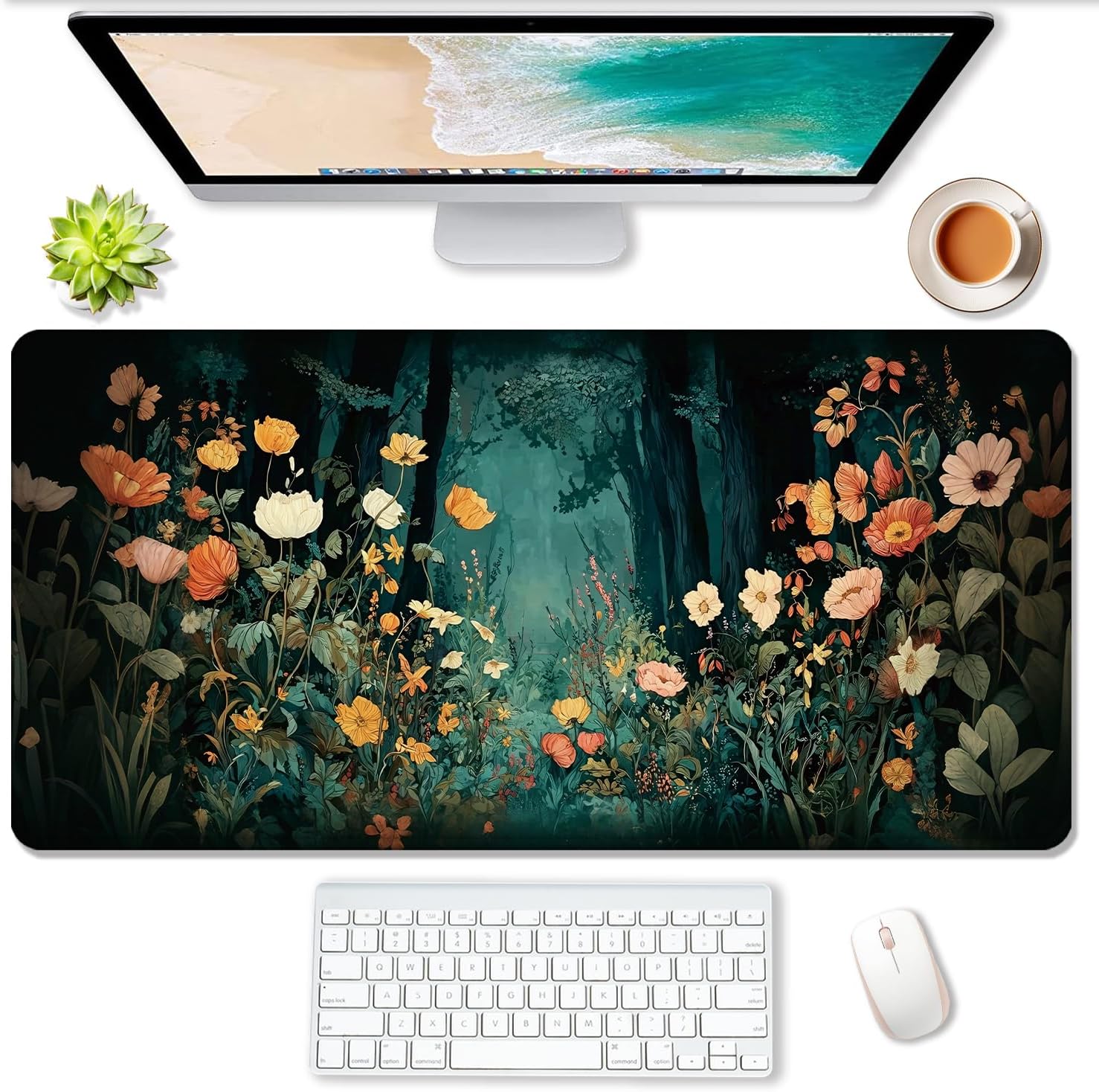 Enchanted Forest Floral Large Gaming Mouse Pad, Moody Dark Boho Botanical Flower Large Mousepad with Non-Slip Base for Home Office Desk Decor, 31.5x15.7 Inch