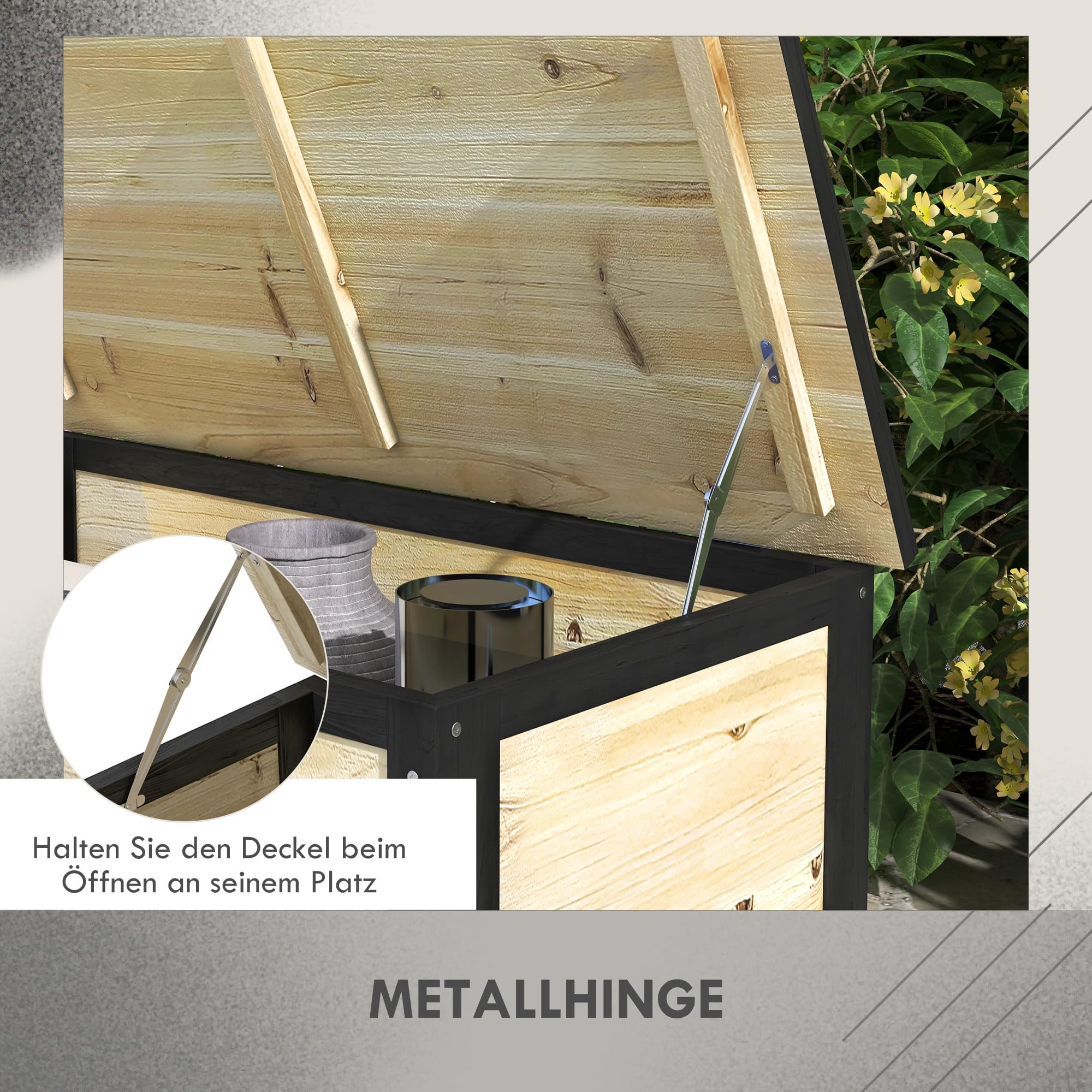 Outsunny Gartenbox 121L Auflagenbox mit Rollen Wetterbeständige Natur | Holz Aufbewahrungsbox, Aufbewahrungskiste, für Terrasse, Balkon