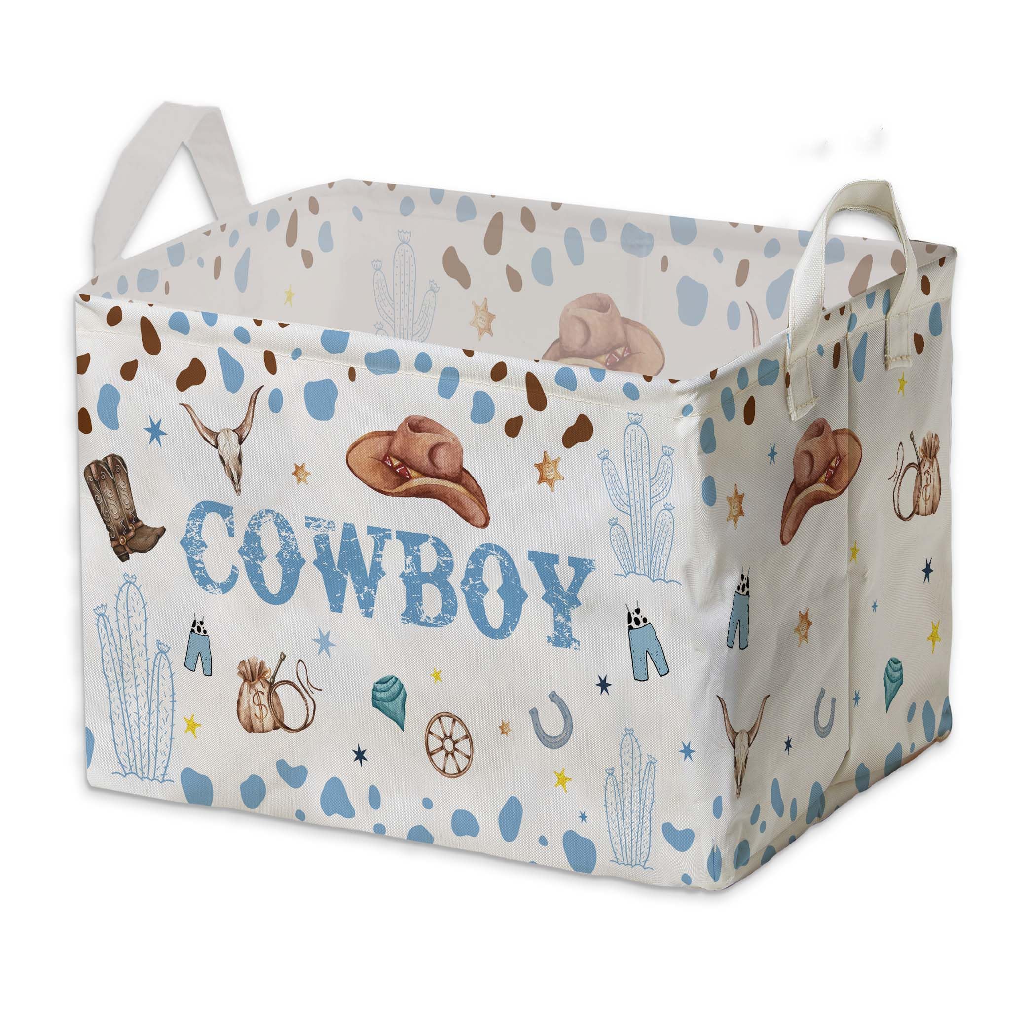 Western Basket for Cowboy Nursery Decor Boy, Blue White Brown Western Toy Bin, Cowboy Baby Shower Decorations, Large Squarecanvas Laundry Hamper With A Waterproof PECoating, Foldable