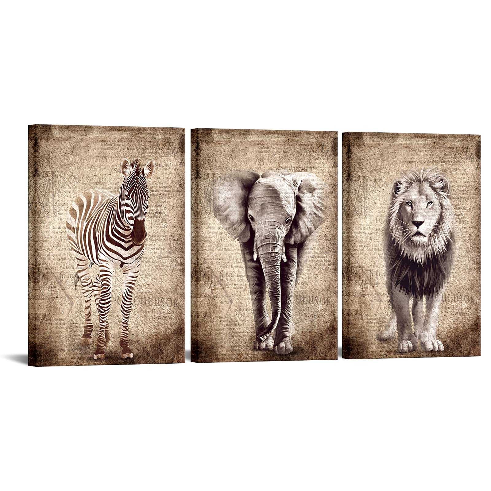 DuoBaorom 3 Pieces Vintage Animal Canvas Wall Art Elephant Lion Zebra Wildlife Picture Print on Canvas for Home Living Room Decor Stretched and Framed Ready to Hang 16x24inchx3pcs