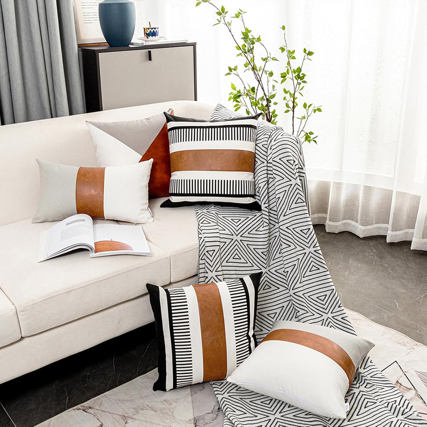 Pack of 2 Farmhouse Throw Pillow Covers for Couch Sofa Decorative Faux Leather Square Cushion Cover Tribal Stripe Accent Pillow Case 18 x 18 Inch,Black