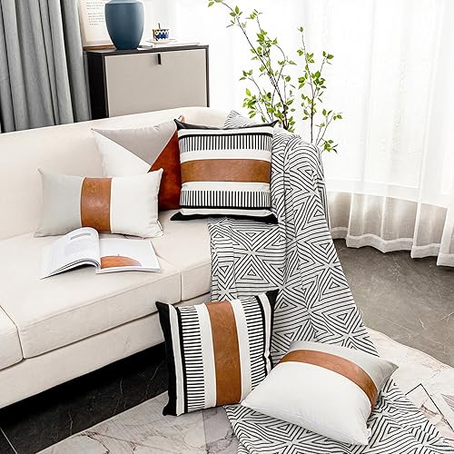 Miniatura 7 de Farmhouse - Funda de almohada para sofá o funda de cojín cuadrado sofá de piel sintética decorativo, funda con acento a rayas tribal 18 x 18