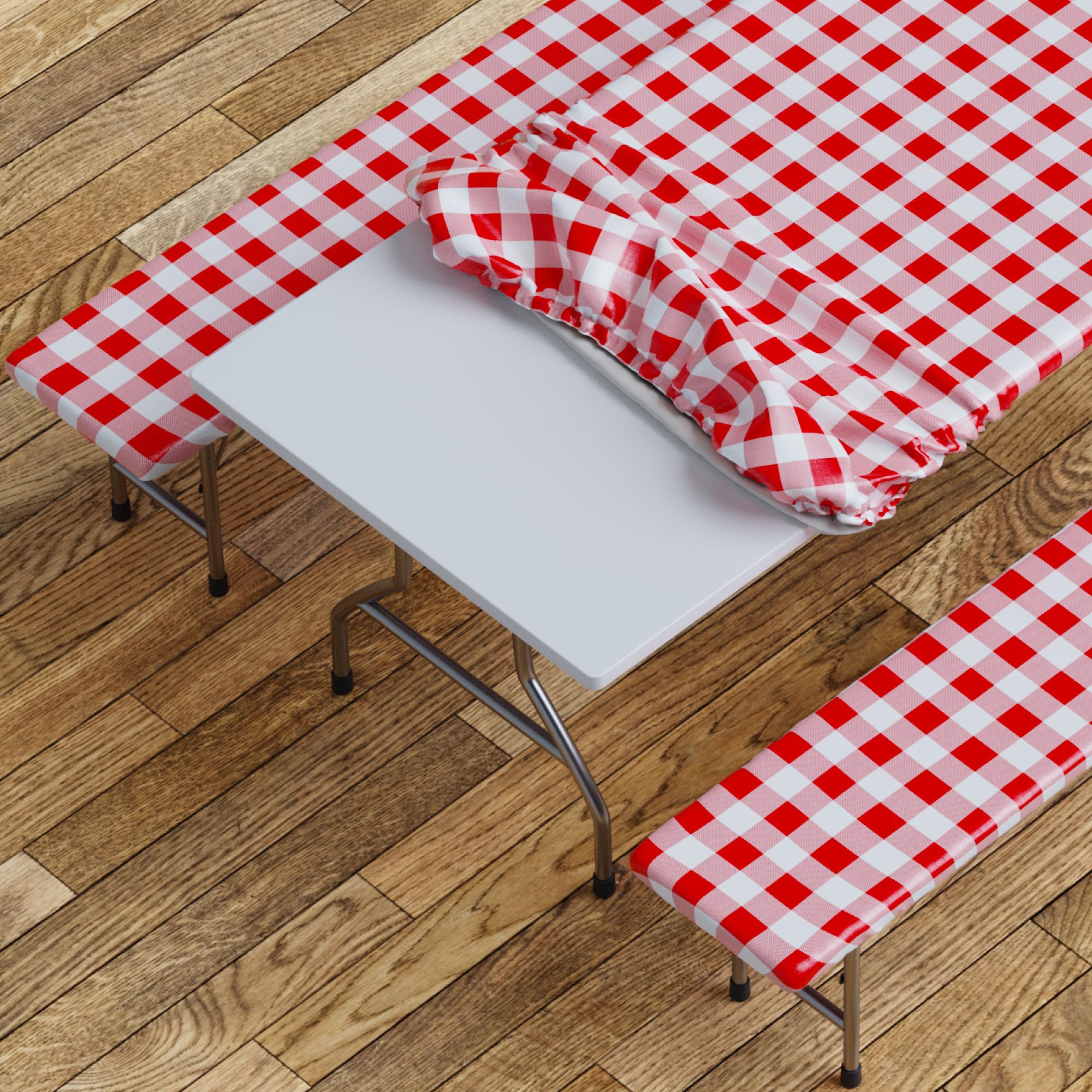 Sorfey Table Cover with Bench Covers -Fitted with Elastic, Vinyl with Flannel Back, Fits for Table 30"x 60" Rectangle,Water Proof, Checked Red Design