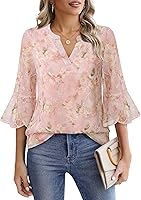 VALOLIA Women's Floral Print 3/4 Sleeve Chiffon Blouse V-Neck Dressy Casual Tunic Top for Office Work