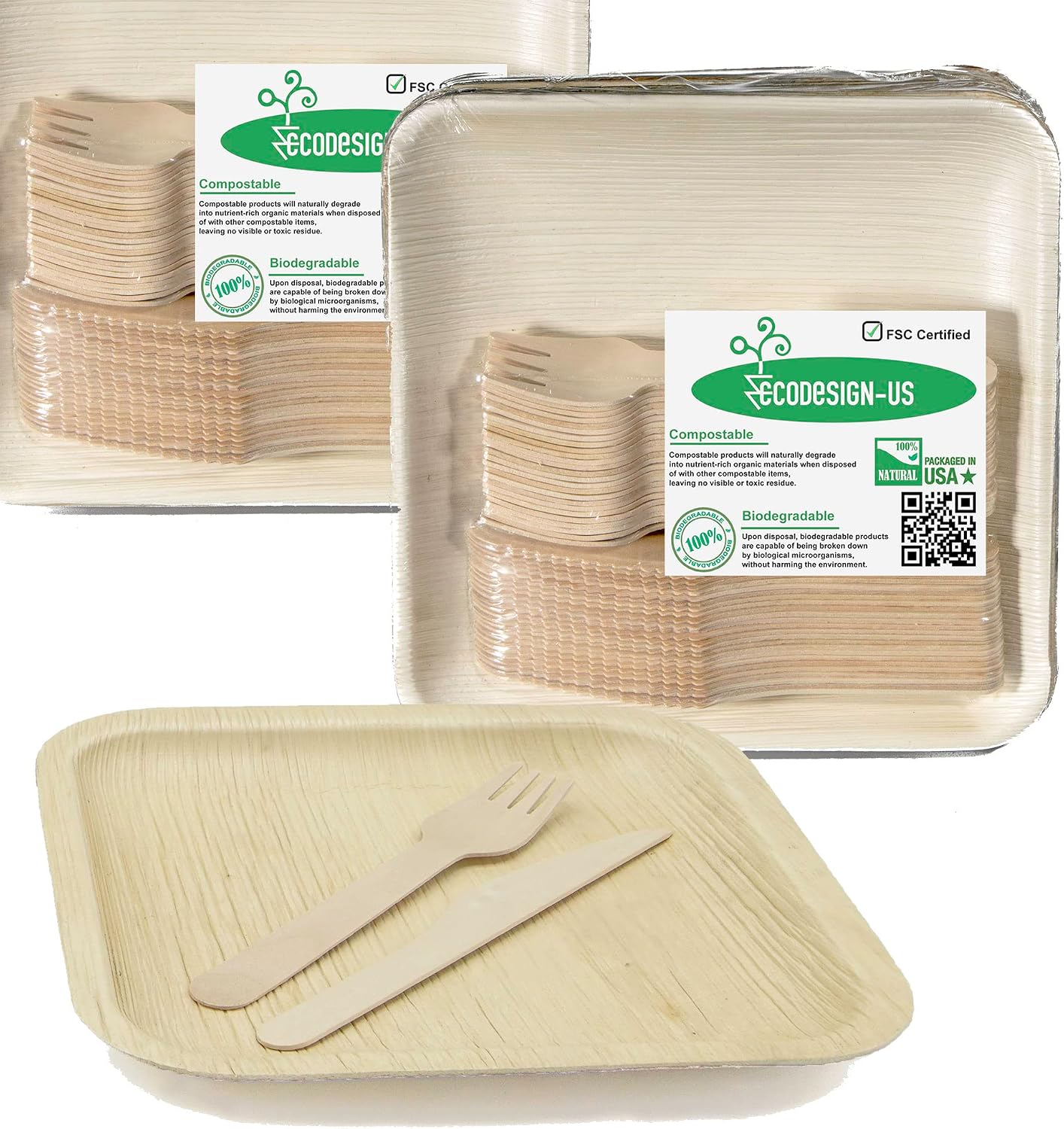 Eco-Friendly 8" Square Palm Leaf Plates and Wooden Utensils Set