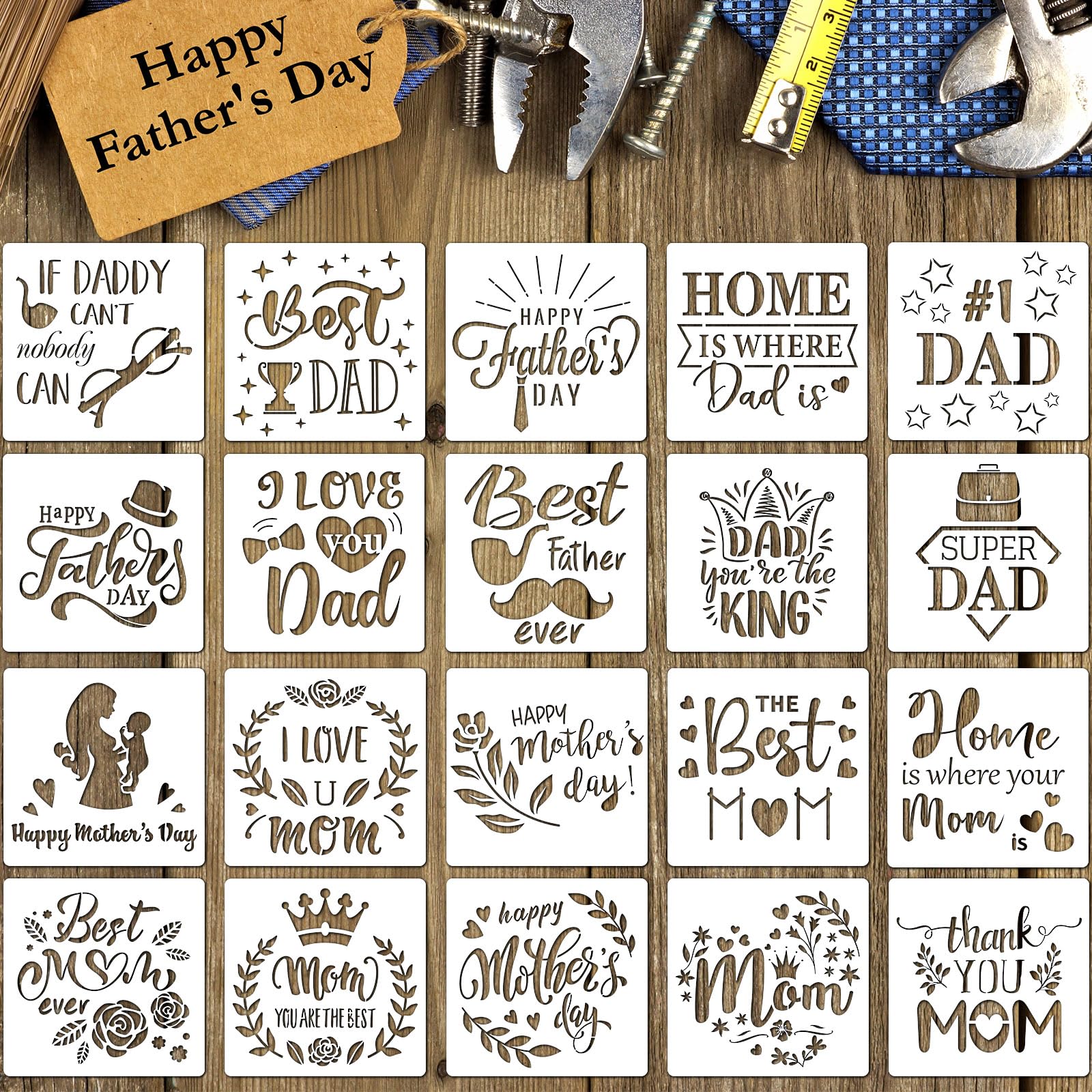 Epakh 20pcs Happy Mother's Day & Father's Day Stencils, 6x6 Inch Decorative Letter Painting Stencil Templates, Reusable Stencils for Scrap DIY Crafts & Home Decor