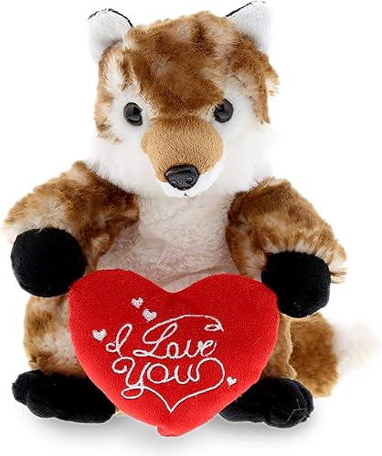 DolliBu Peluche de zorro marrón con texto en inglés "I Love You", lindo animal de peluche con corazón rojo y nombre, regalo personalizado para el