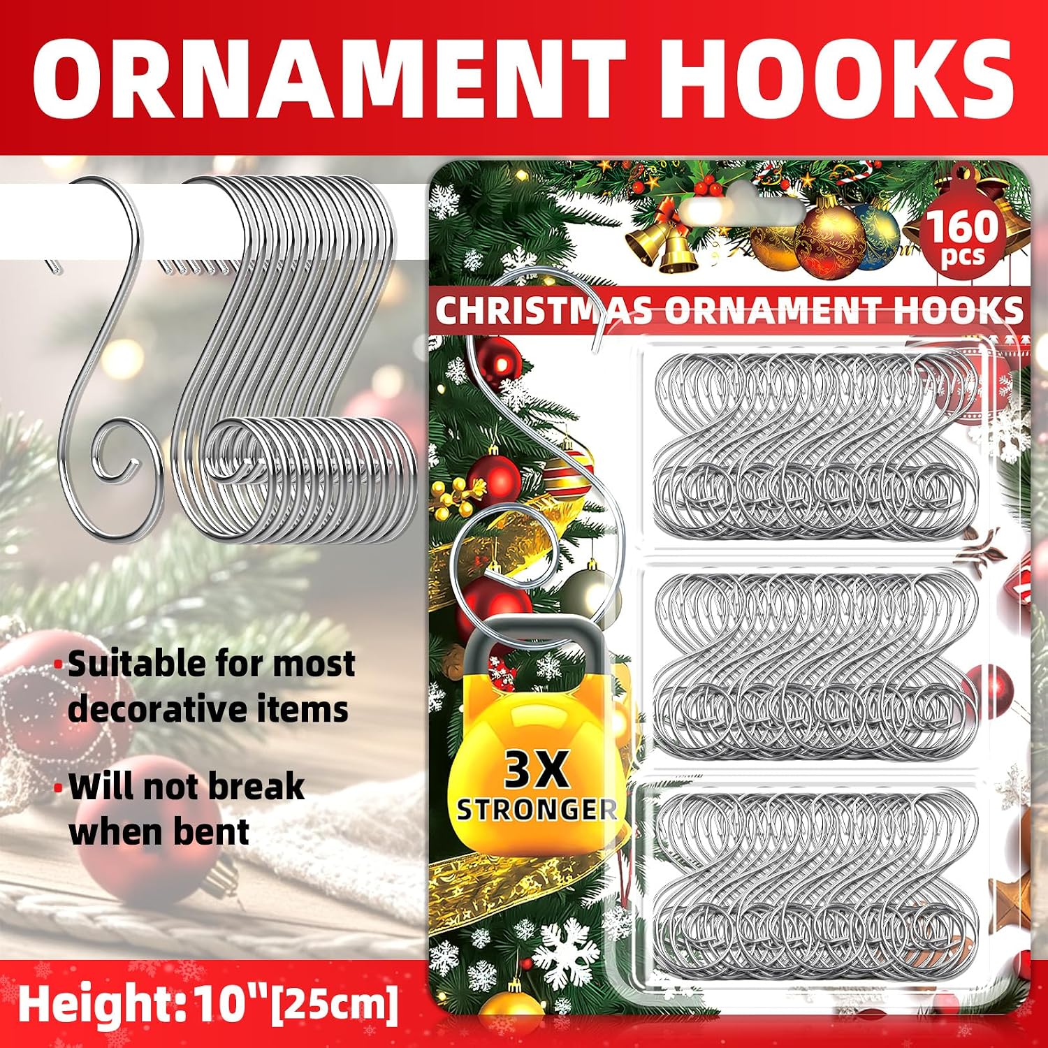 160 Pcs Christmas Ornament Hooks Silver S-Shaped Hangers with Storage Box Christmas Tree Hooks for Ornaments, Xmas Ornament Hangers for Tree Decoration