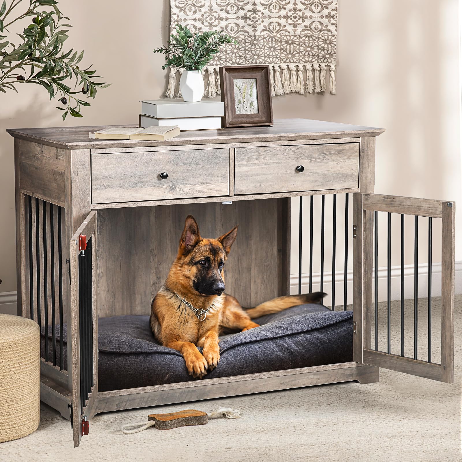 LEMBERI large grey dog crate furniture with two drawers and a tabletop.