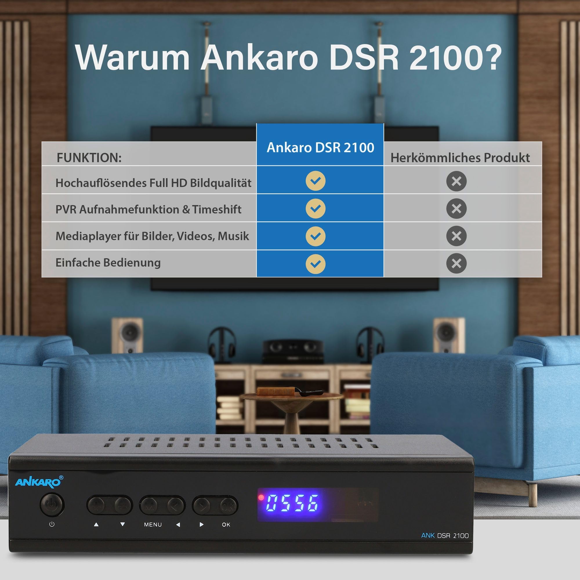 Ankaro 2100 DSR HD Sat Receiver mit PVR Aufnahmefunktion für Satellitenschüssel, AAC-LC Audio, Einkabel tauglich, HDMI,SCART, KOAXIAL, USB 2.0, Timeshift, Receiver für Sat Fernsehen + HDMI Kabel