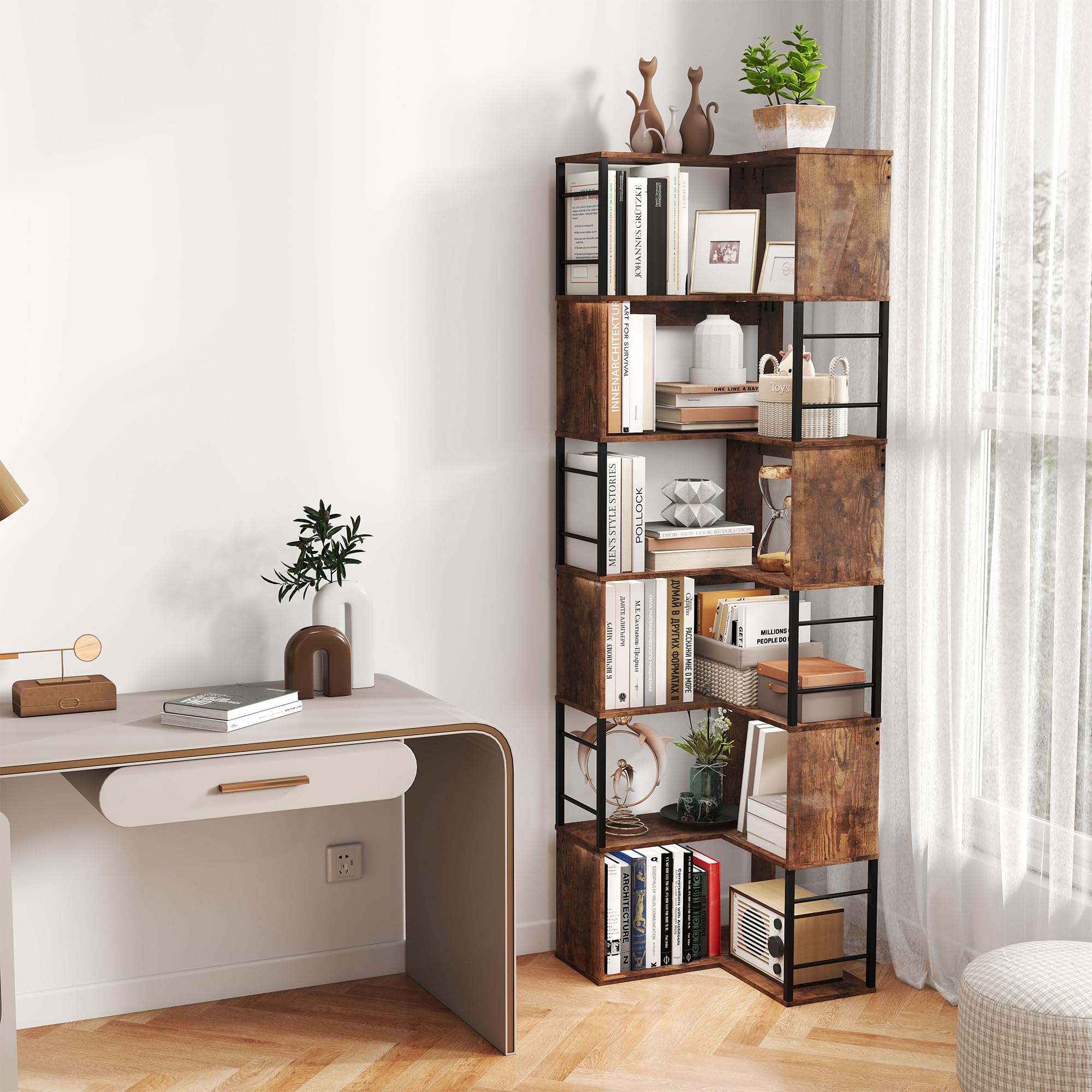 7 Ebenen-Ecke Bücherregal, Hohes Lagerregal 187CM, L-Form Industrial Regal Holz Bücherregal, Großes Eckregal Bodenstehendes Eckregal, Standregal Vintagebraun