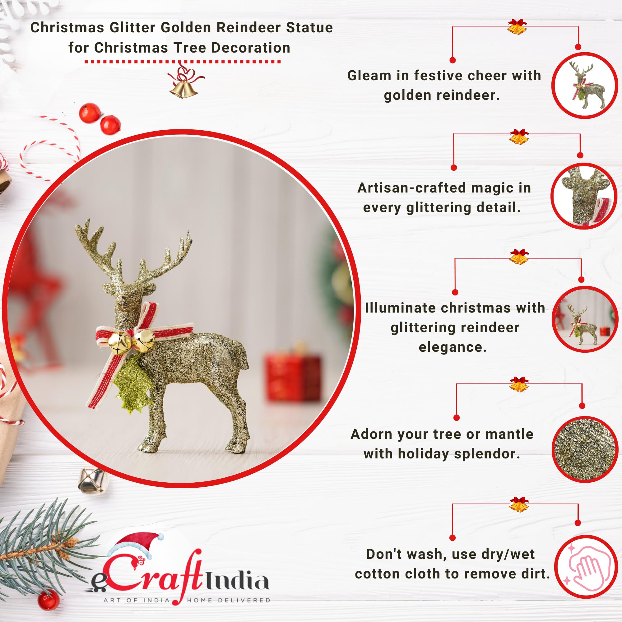 eCraftIndia Glitter Golden Reindeer Statue | Christmas Tree Decoration Items | Christmas Hanging Ornaments Props | Xmas Decorations Items for Home Living Room Office Church Decor 3