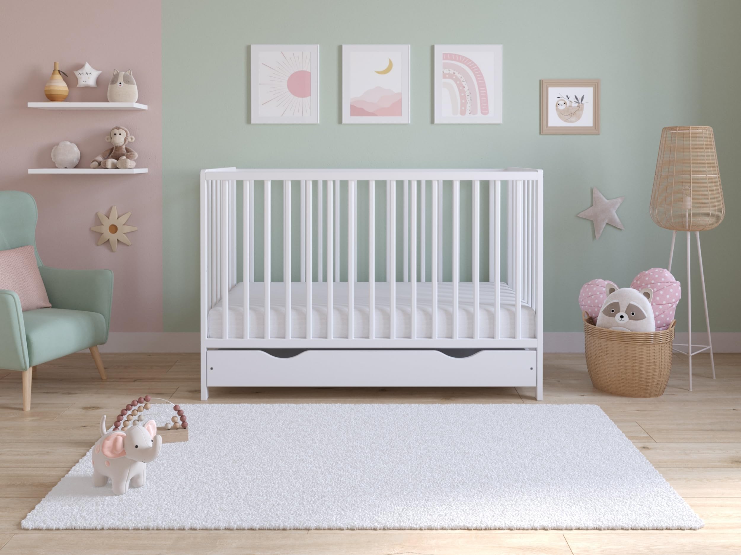 Love For Sleep Asher Cuna para Bebé 120x60 cm con Colchón de Espuma de Microfibra Acolchada – Cama Infantil de Madera Convertible en Cama para Niño con Cajón Grande y Barandilla Blanco