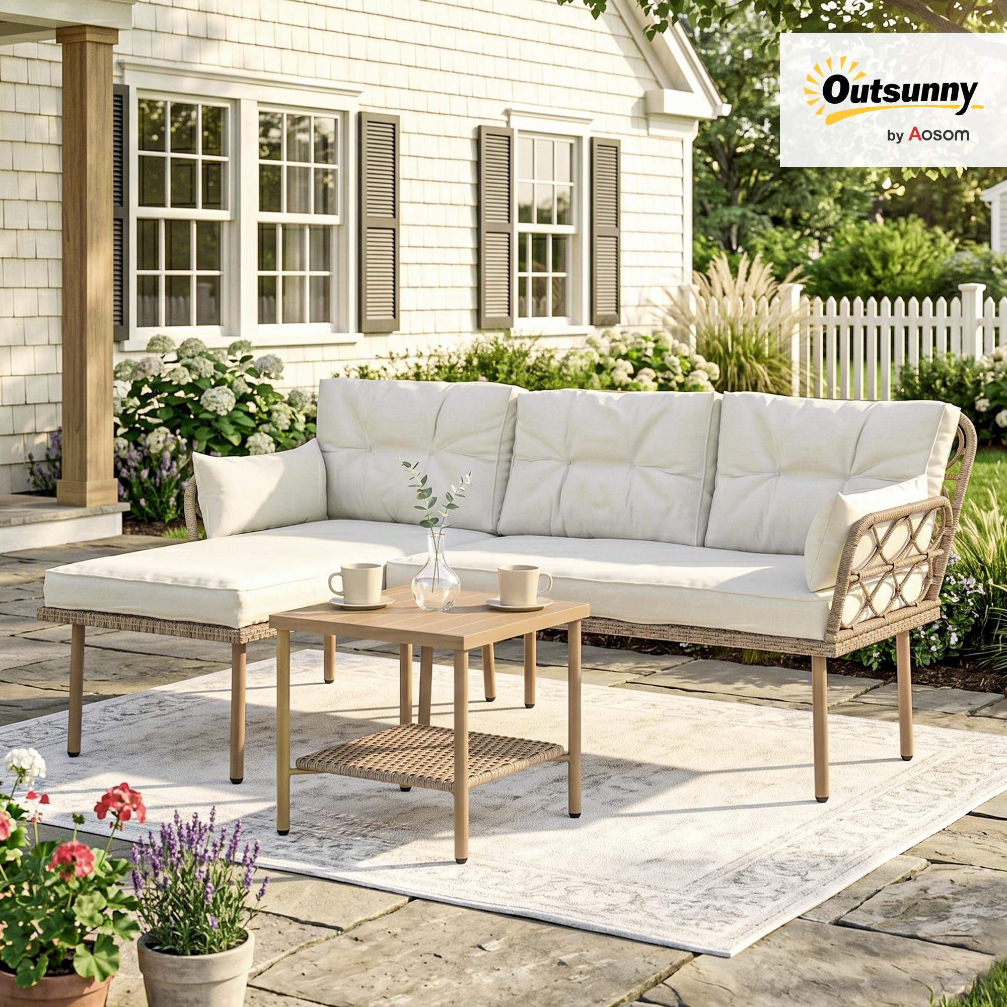 Outsunny Set Giardino Rattan 3 Pezzi Salotto Esterno Divanetto 2 Posti Chaise Longue Cuscini Lavabili Tavolino Caffè Crema