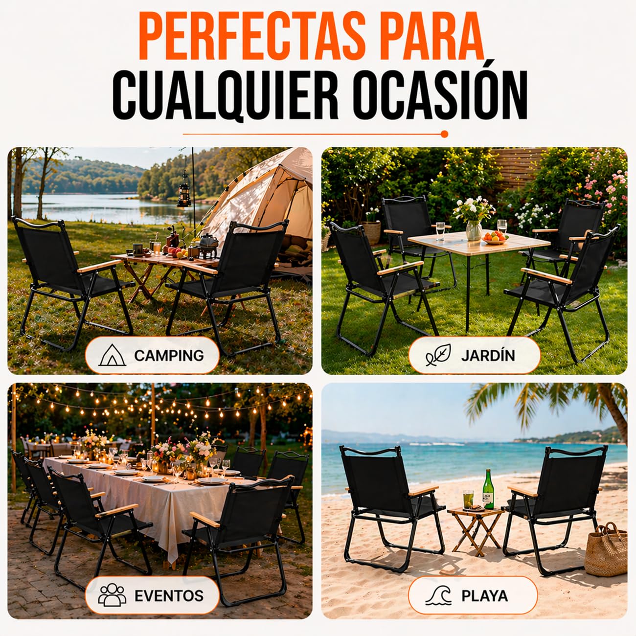 TIENDA EURASIA – Silla Plegable Camping | Pack 4 Uds | 47x53x76 cm | Estructura Metálica | Tejido Oxford Resistente | Portátil y Ligera | Reposabrazos de Madera | Ideal para Camping y Exterior (Negro)