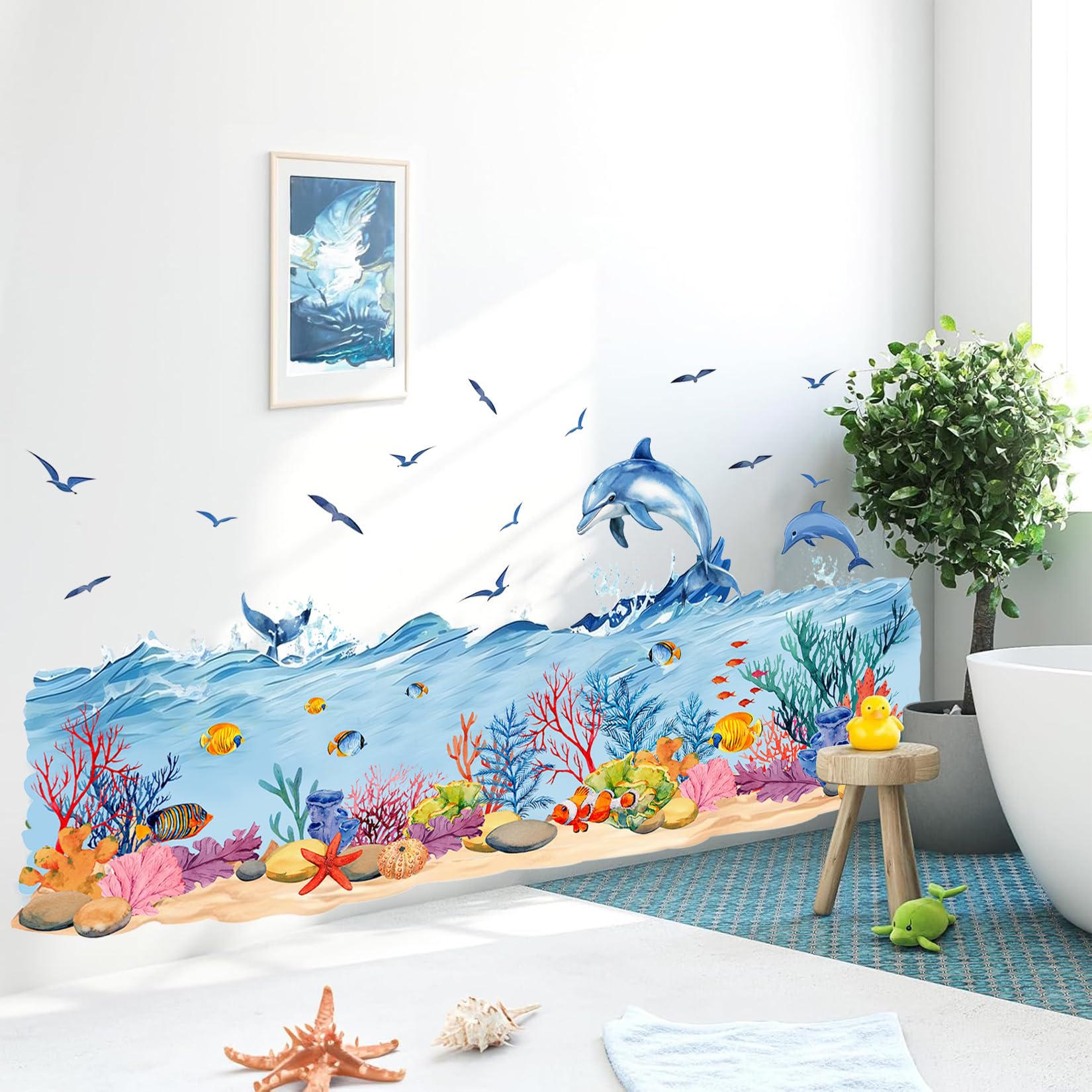 ANHUIB Under the Sea Wall Stickers 3D Underwater Wall Stickers for Kid Bedroom Bathroom Sticker for Wall Waterproof Fish Ocean Wave Seagull Dolphin Wall Decal for Kids Room Nursery Bath Playroom Decor - Image 2