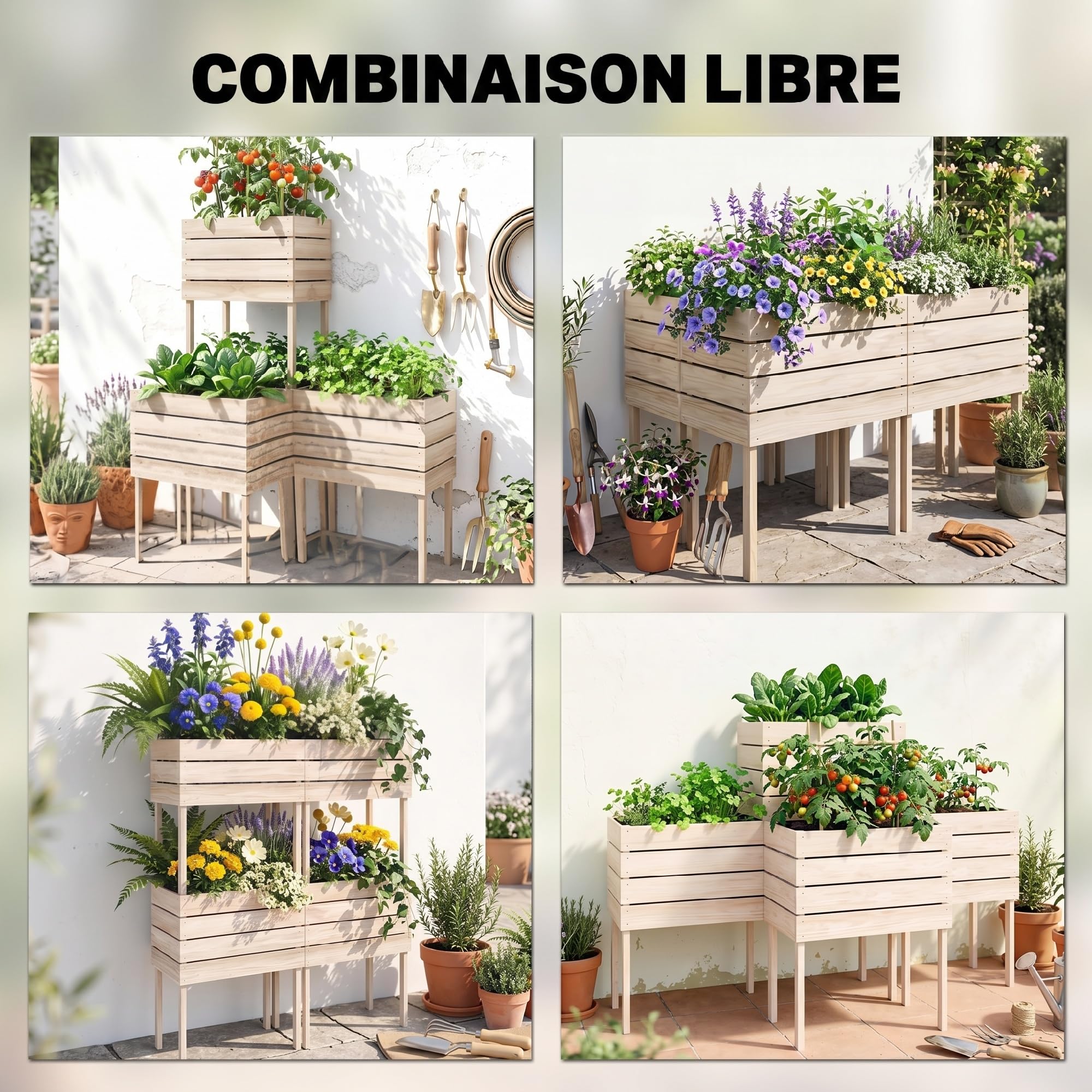 Outsunny Jardinières sur Pieds carrés potagers 50L x 30l x 60H cm Naturel | Lot de 4, Jardinières sur Pied Modulables, Inserts d'Irrigation, Film Protecteur, Bois Sapin, Pot Balcon