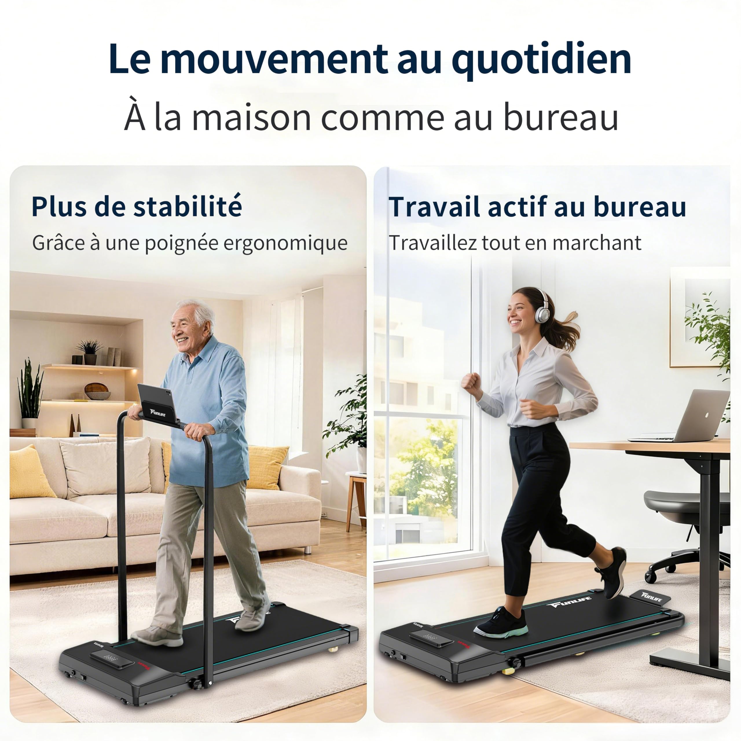 Walking Pad/Tapis de Course à Domicile, Pliable, Mini Tapis de Course 3 en 1 avec Poignée, Silencieux et Plat, Jusqu'à 120 kg, Convient pour Bureau et Bureau à Domicile, Seniors et Rééducation