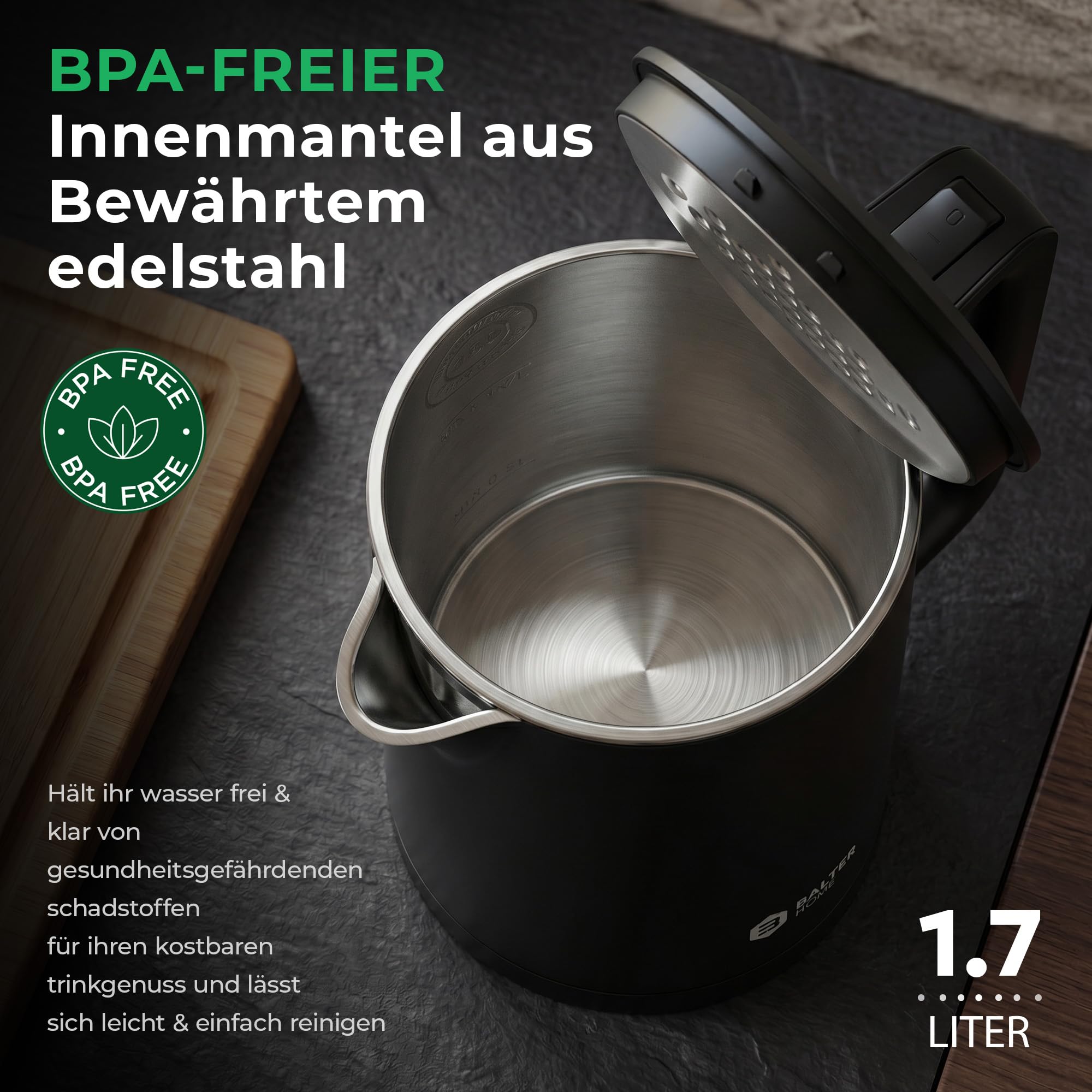 Balter Wasserkocher Edelstahl WK-4, 1,7 Liter, elektrischer Wasserkocher, Doppelwand Design, BPA frei, LED, Teekocher Kompakt, leise (Schwarz)