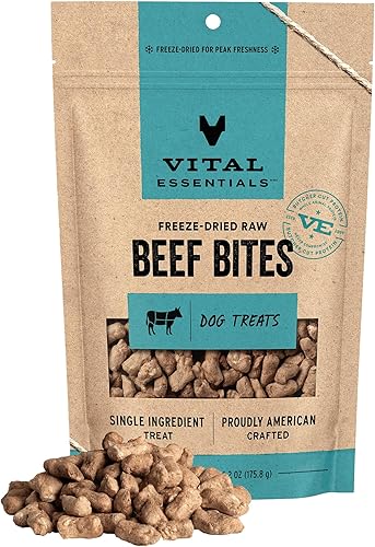 Vital Essentials Beef Bites - Golosinas para perros, 6.2 onzas, crudas liofilizadas, proteína única, golosinas de entrenamiento con alto contenido