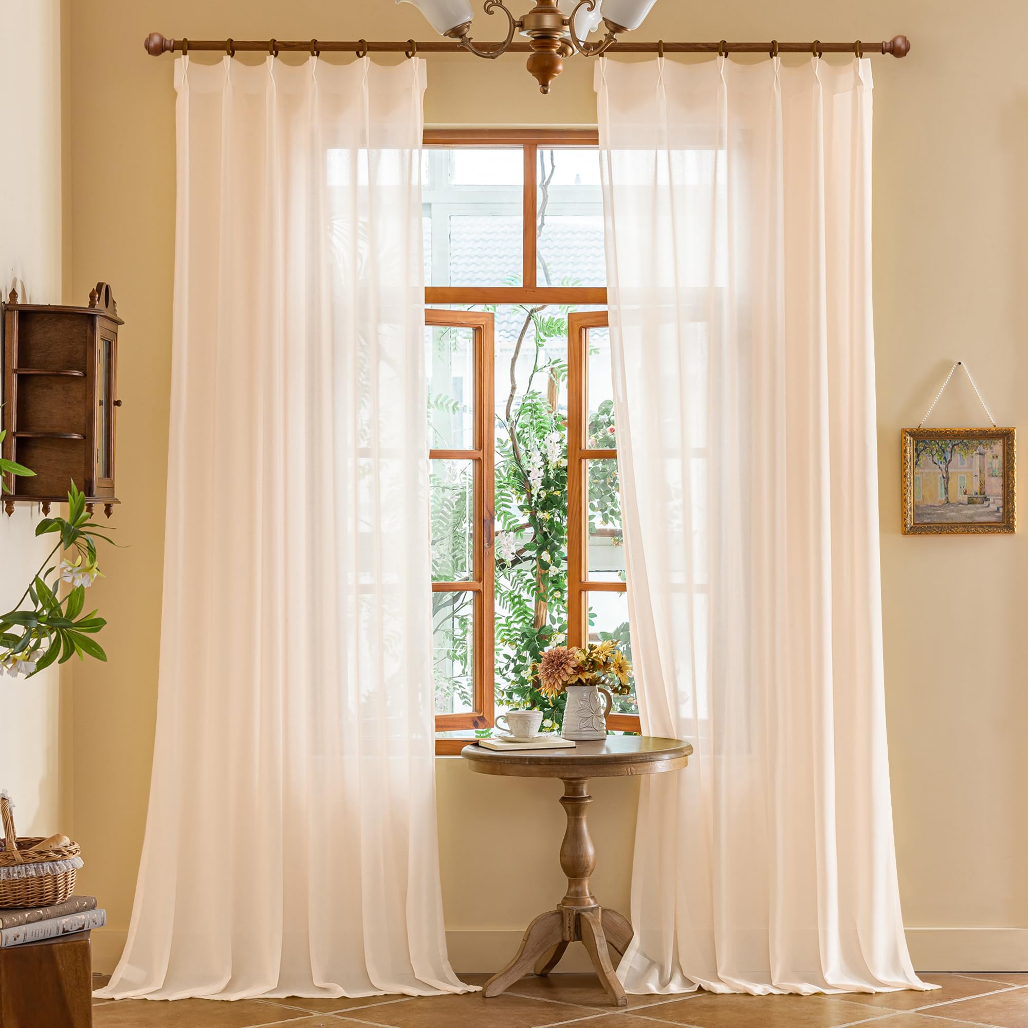Photo 1 of MAIHER 102 Inches Long Pinch Pleat Sheer Curtains 8.5ft for Sliding Door Airy Lightweight Light Filtering Pleated Drapes with Adjustable Hooks for Living Room, Soft Pink, 42" W x 102" L, 2 Panels