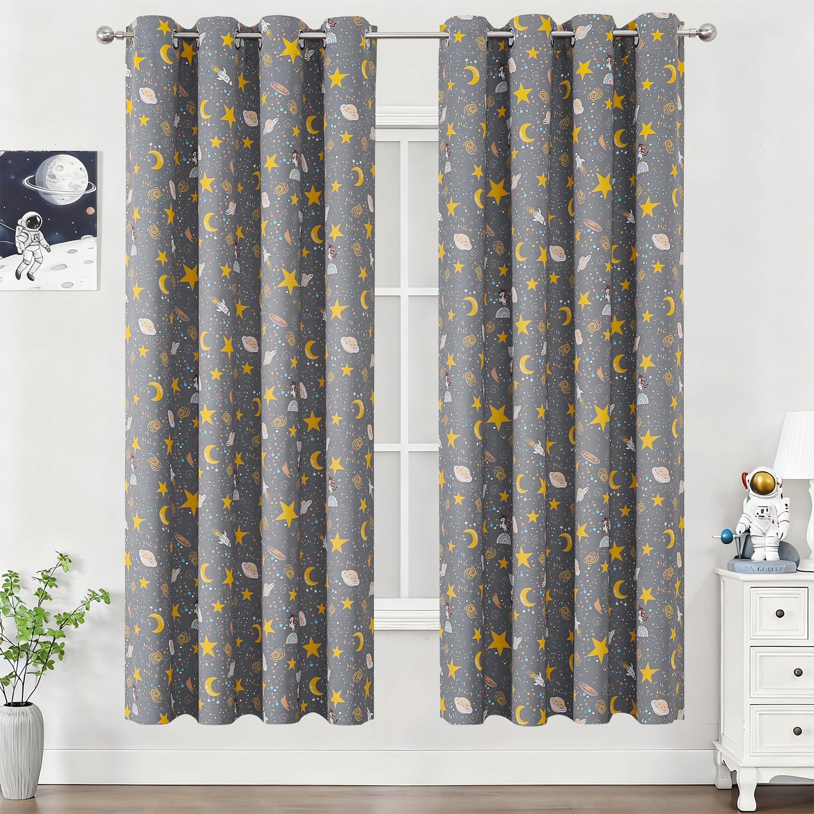 Unicorn Planet Grey Room Darkening Curtains 72 Inch Length for Kids Bedroom