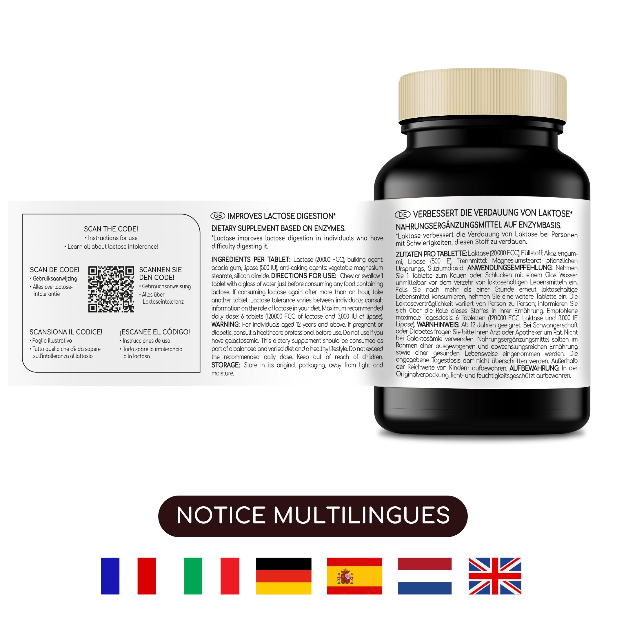 LACTOLERANCE ULTRA Lactase 20 000 FCC Lipase 500 UI 200 Comprimés Double action lactose et graisses enzymes digestives