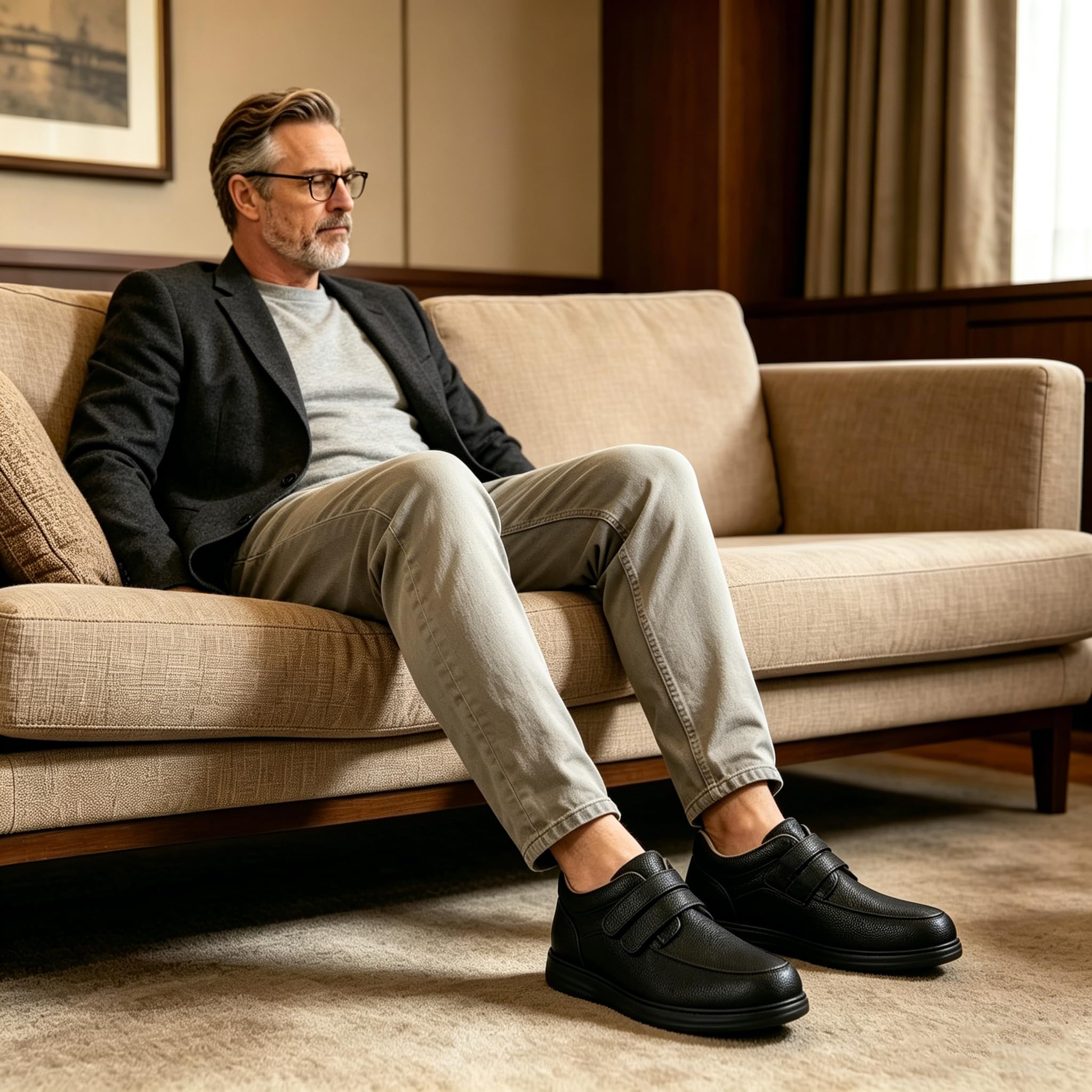 Herren-Leder-Slipper für Diabetiker & geschwollene Füße – verstellbarer Klettverschluss Wander-Sneaker, bequemes Kleid, lässige Oxford-Schuhe für Business