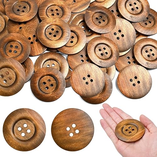 Aemygo 50 botones de madera grandes de 2.36 pulgadas, 4 agujeros, botón de costura redondo de tamaño grande, botones de madera natural de 2.36