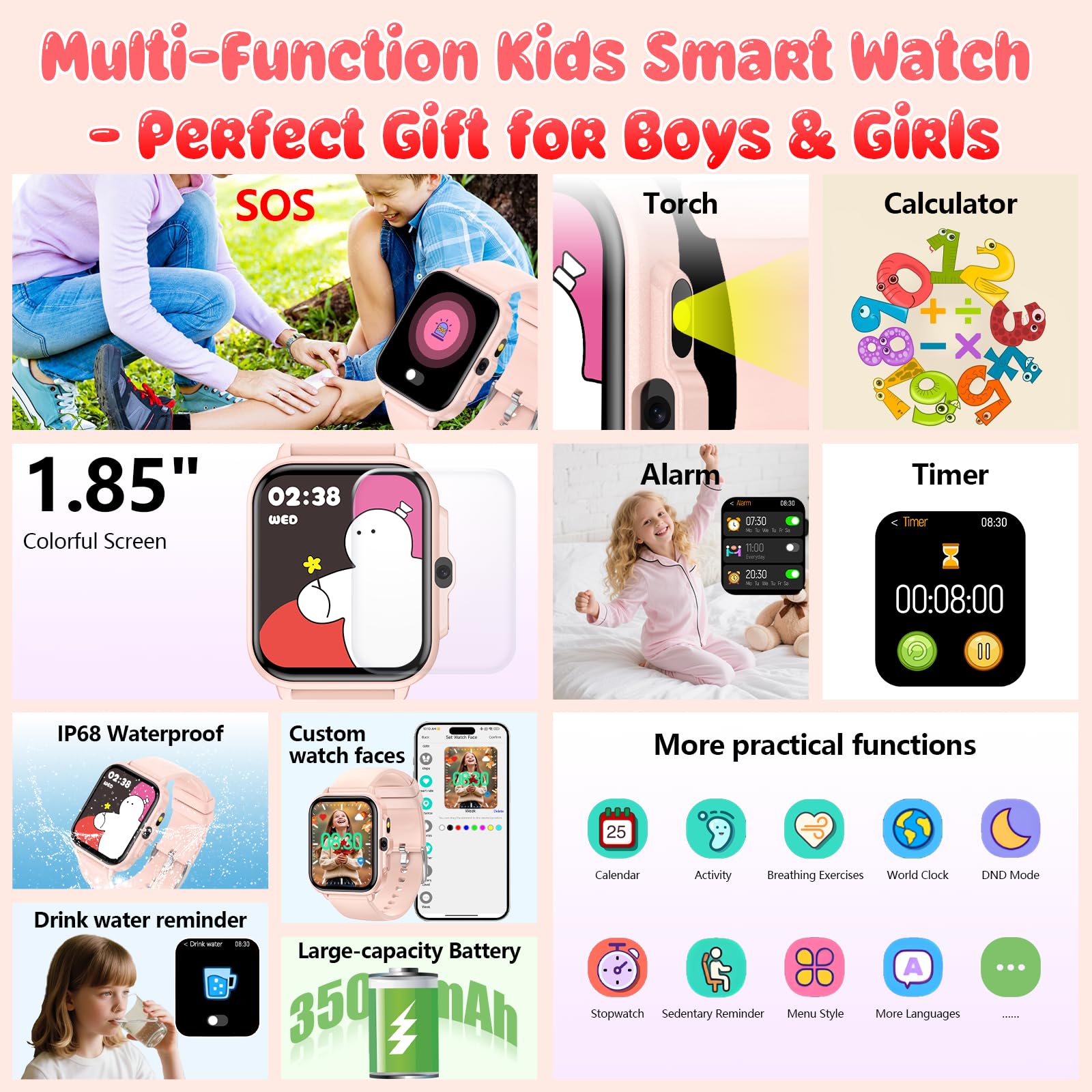 Smart Watch for Girls, Kids Watch Gifts for Girls with Game Camera Music Player Pedometer Flashlight Alarm Clock Heart Rate/Sleep Monitor, IP68 Waterproof 100+ Sport Fitness Tracker Watch Toys for Kid