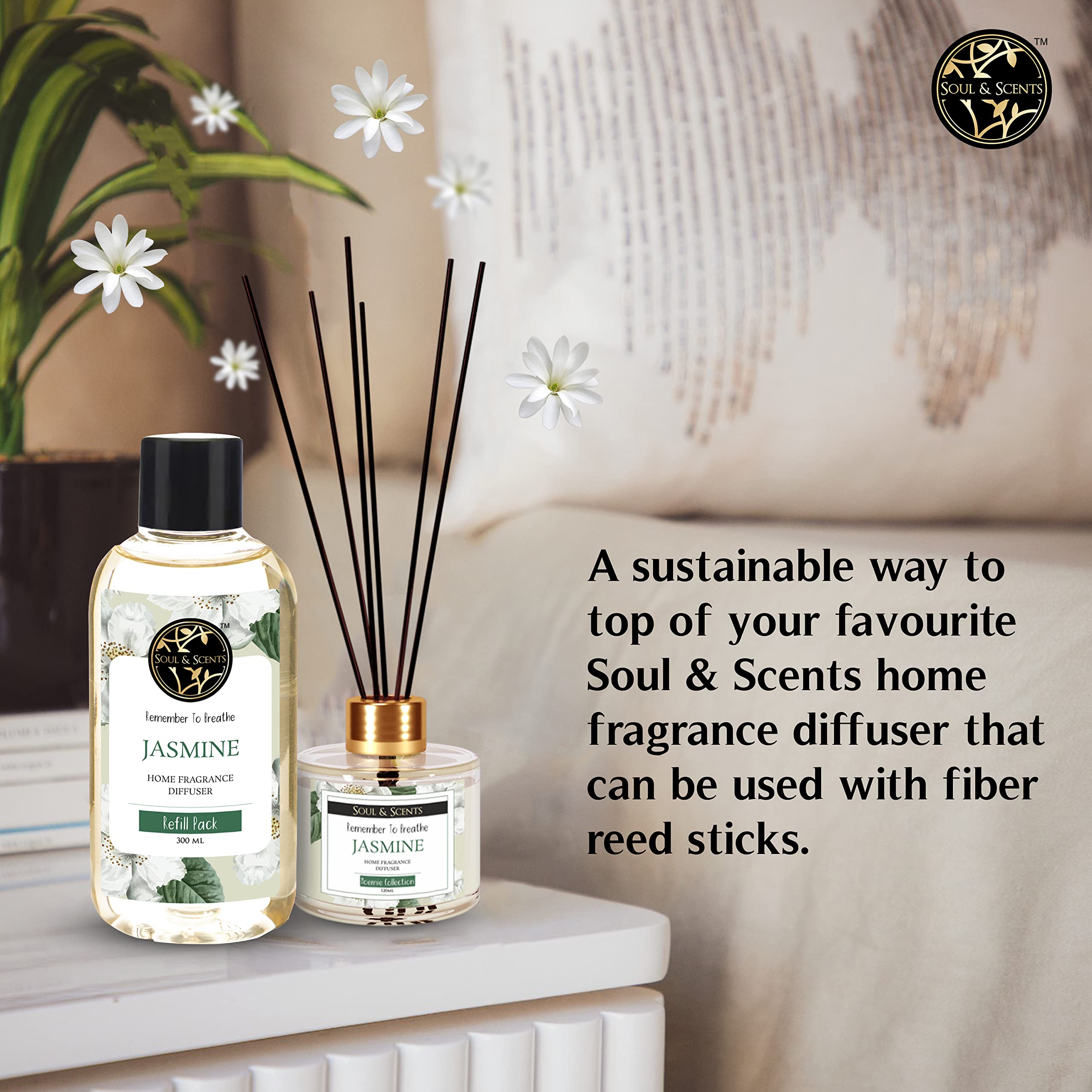 Soul & ScentsPlastic 300Ml Reed Diffuser Refill For Jasmine Fragrance | Free 12 Fiber Reed Sticks | Long Lasting | Smoke Less Room Freshener For Home, Bedroom, Living Room & Office 3
