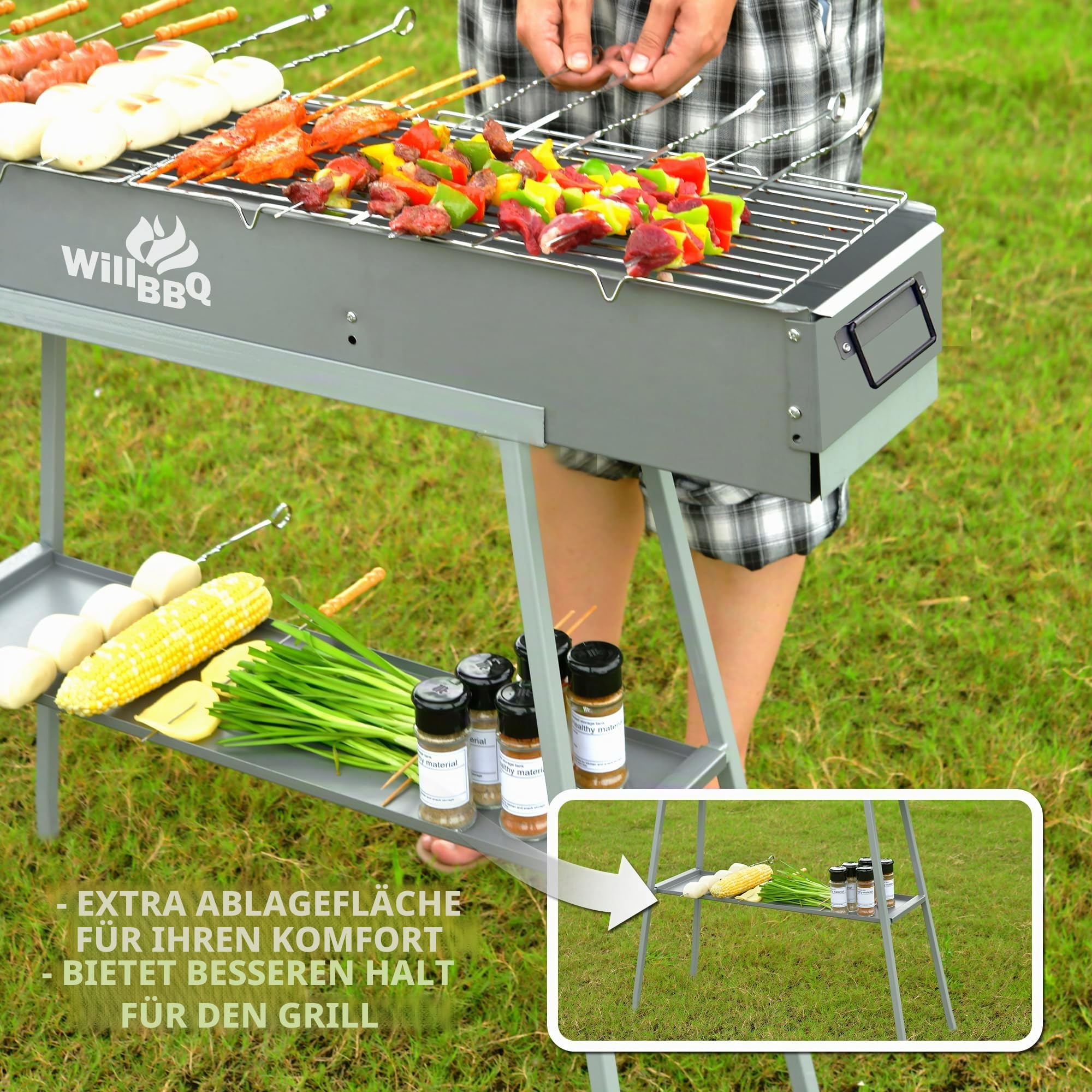 WILLBBQ Holzkohlegrill, tragbarer Outdoor-Grill mit zwei Lüftungsschlitzen