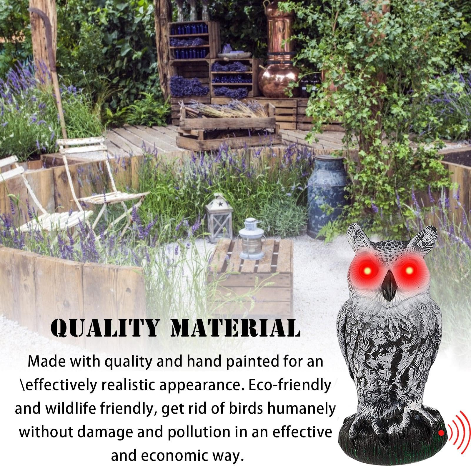 Esche attivate con gufo – Spaventapasseri con occhi e rumore, statua di gufo cornuto resistente alla luce, repellente per uccelli da giardino, spaventapasseri con occhi lampeggianti