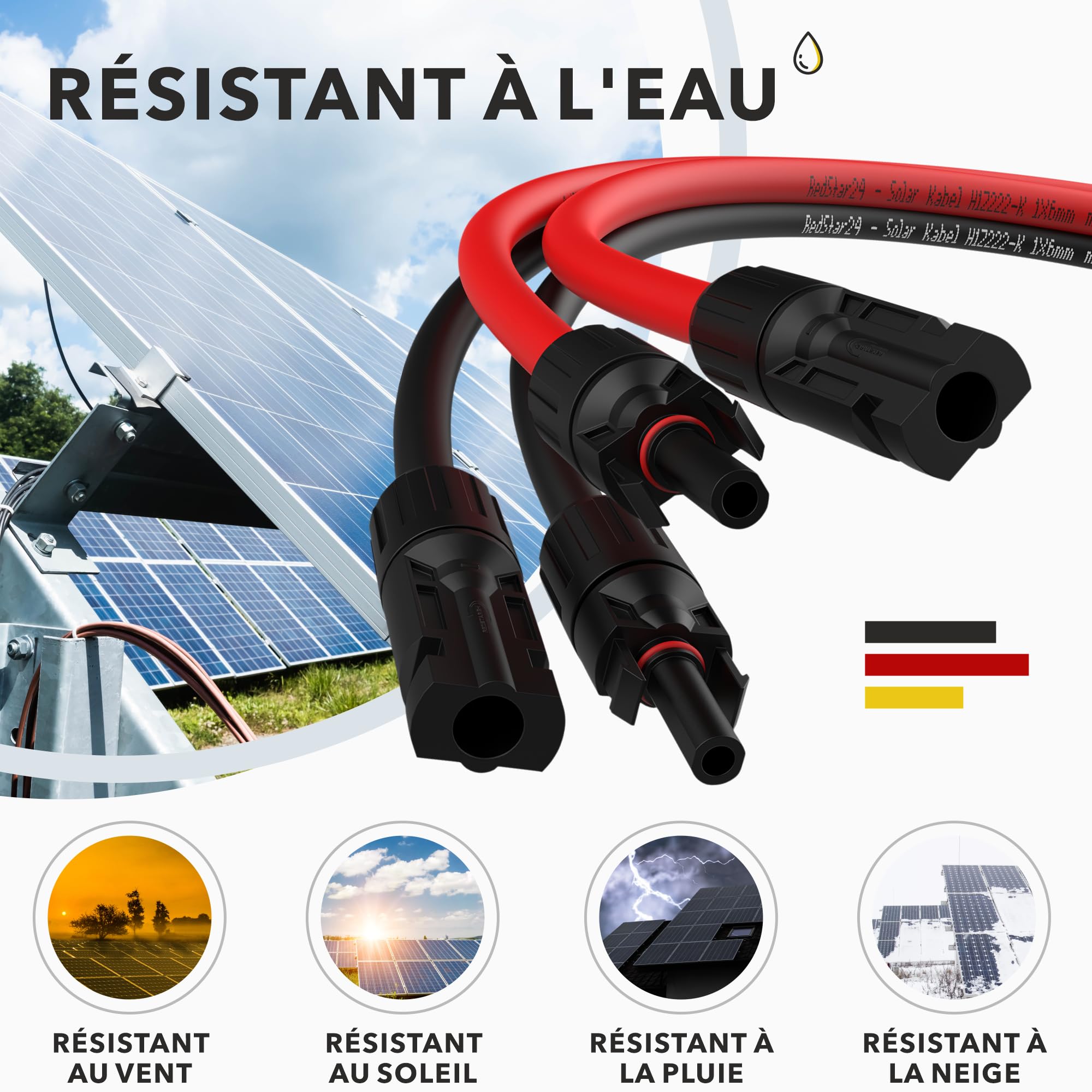 RedStar24 Câble solaire d'extension 6mm² - 3m - Résistant aux UV, Câble photovoltaïque, PV Câble solaire IP68 pour rallonge panneau solaire - durable