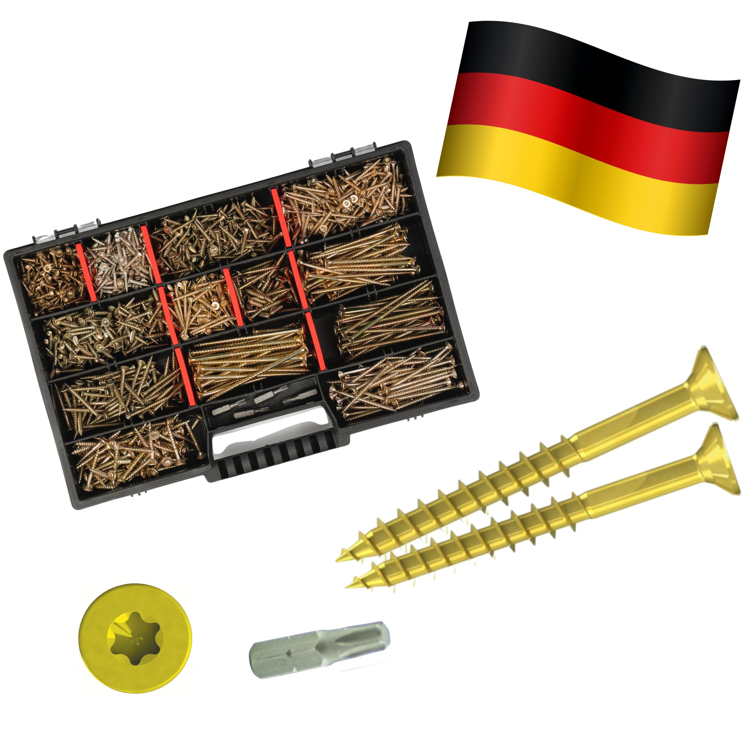 Holzschrauben Set XXL Sortiment, 1000-teilig, Torx Antrieb, Spanplattenschrauben 3x12 bis 4,5x80mm inkl. Bits Premiumqualtiät