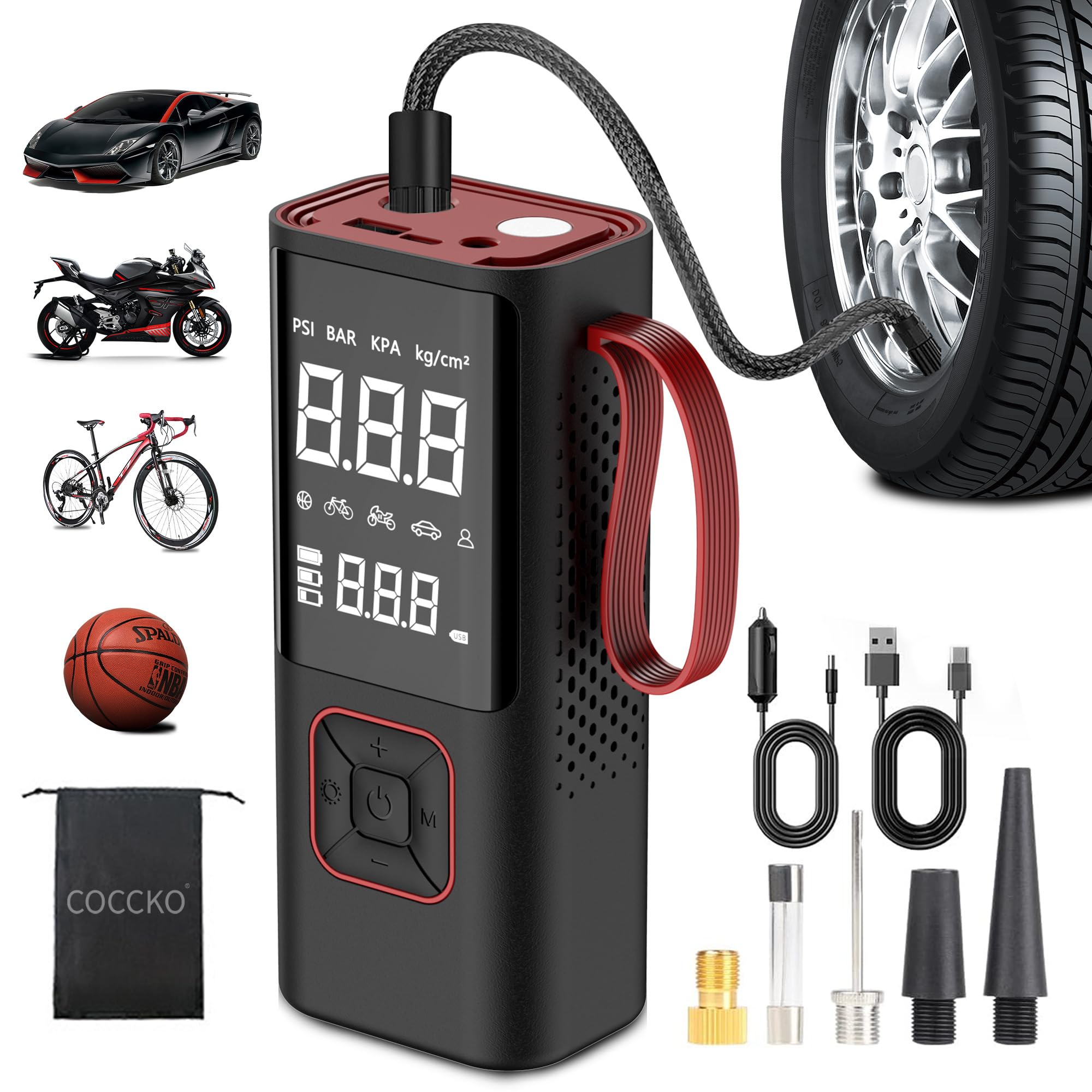 Gonfleur Pneus Voiture Sans Fil,COCCKO 6000mAh Compresseur à Air Portatif pour Pneus, 150PSI gonfleur velo electrique,LED et Arrêt Automatique, avec 3M Cigarette Lighter 12V et Storage Bag