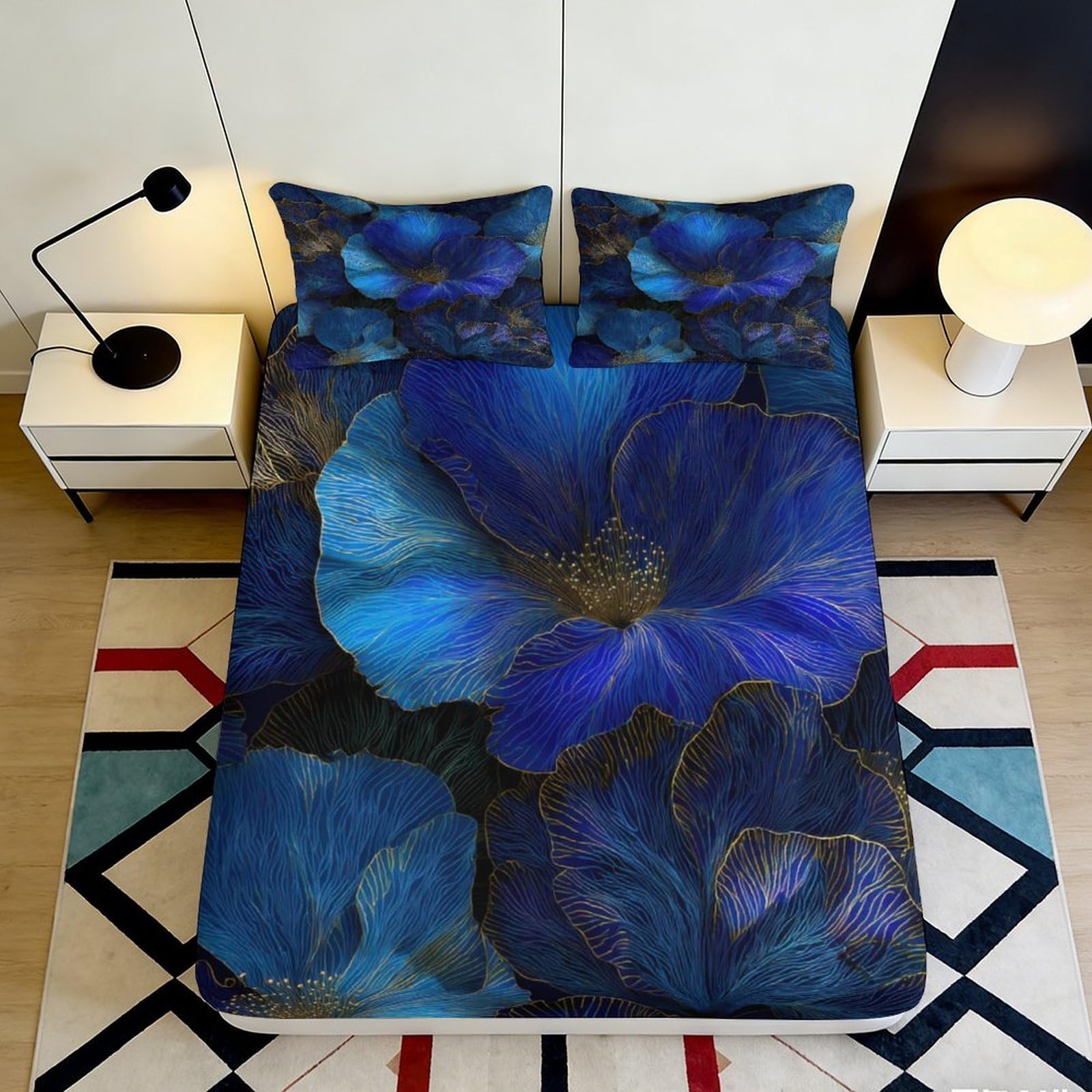 3D Printed Blue Floral Fitted Sheet Microfiber Soft Mattress Cover Abstract Petal Bed Sheet for Bedroom Dorm Decor 90x200x25cm