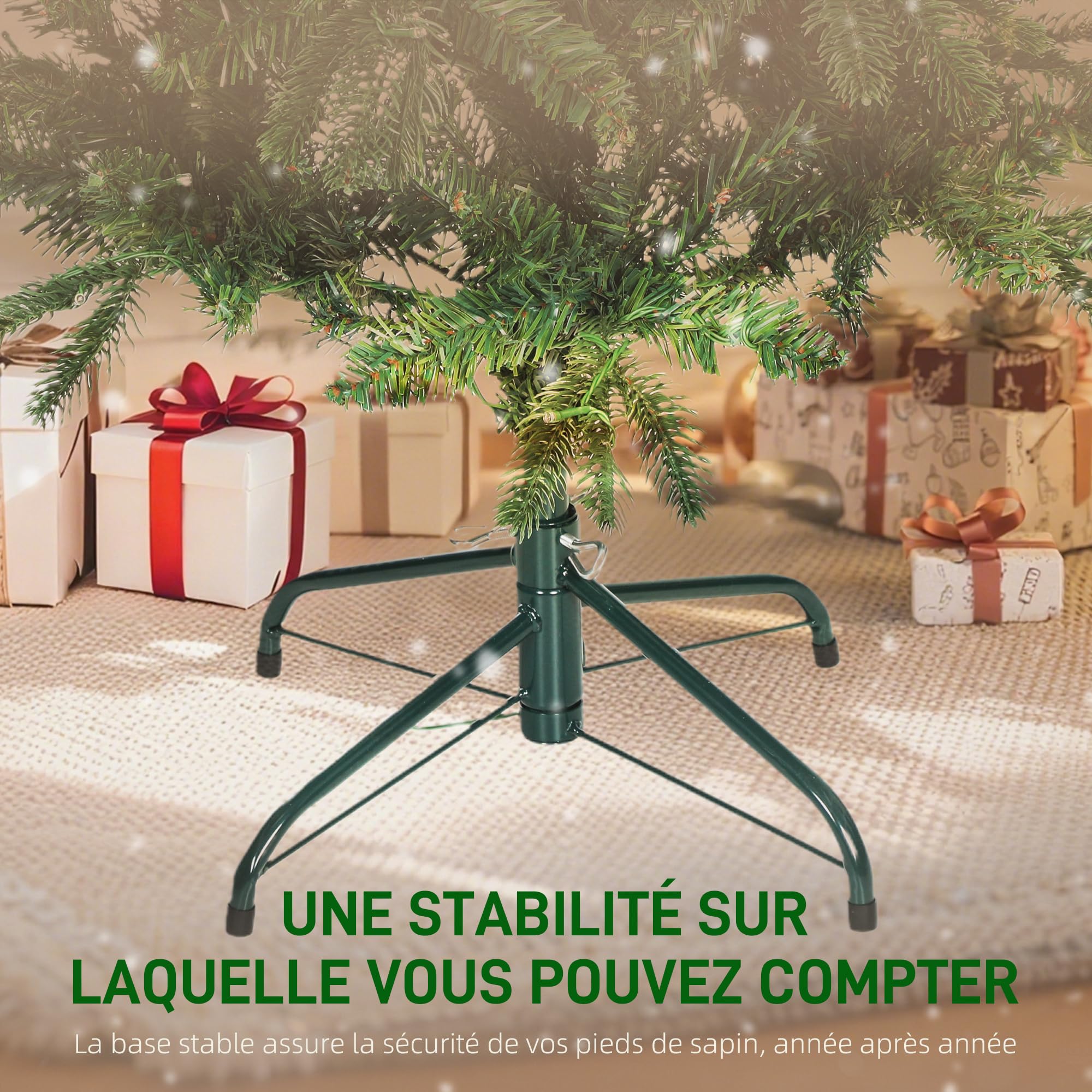 HOMCOM Sapin de Noël Artificiel 210 cm Slim, 8 Modes d’Éclairage, Vert | Lumières Blanches Chaudes, 8 Modes d'Éclairage, 826 Pointes de Branche Articulée, Support en Métal, Plastique Ignifuge