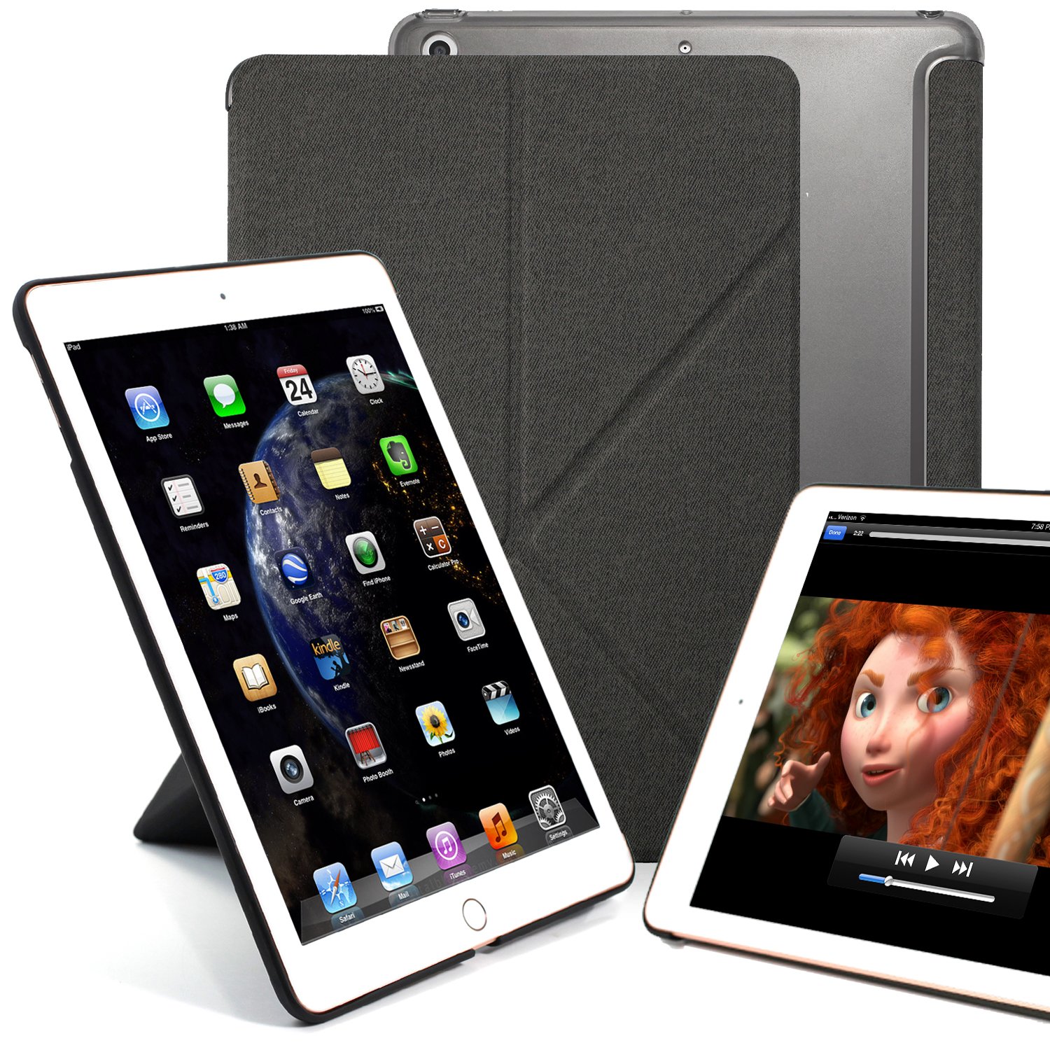 KHOMO Horizontal and Vertical Display Stand Capable Cover For iPad 9.7 Inch (2017 & 2018) Transparent Back Case - Dual Origami Hybrid Series - Twill Grey