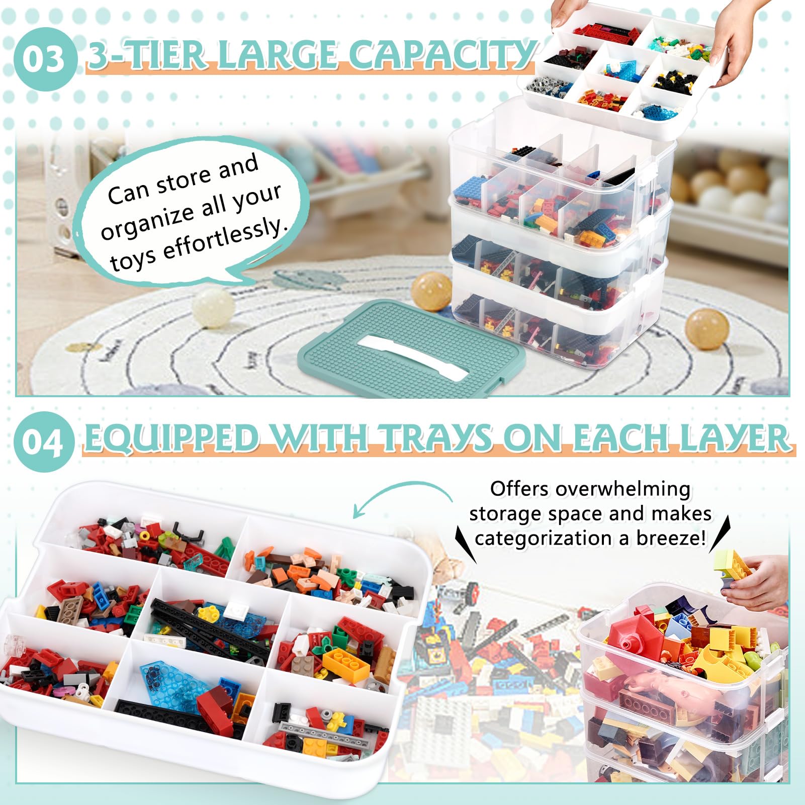 Aufbewahrungsboxen mit Deckel für Lego, 3 Ebenen Transparente Sortierbox, Plastik Stapelbar Box mit Griff& Abnehmbarem Tablett& Verstellbaren Fächer für Kleinteile, Handwerk, Accessoire