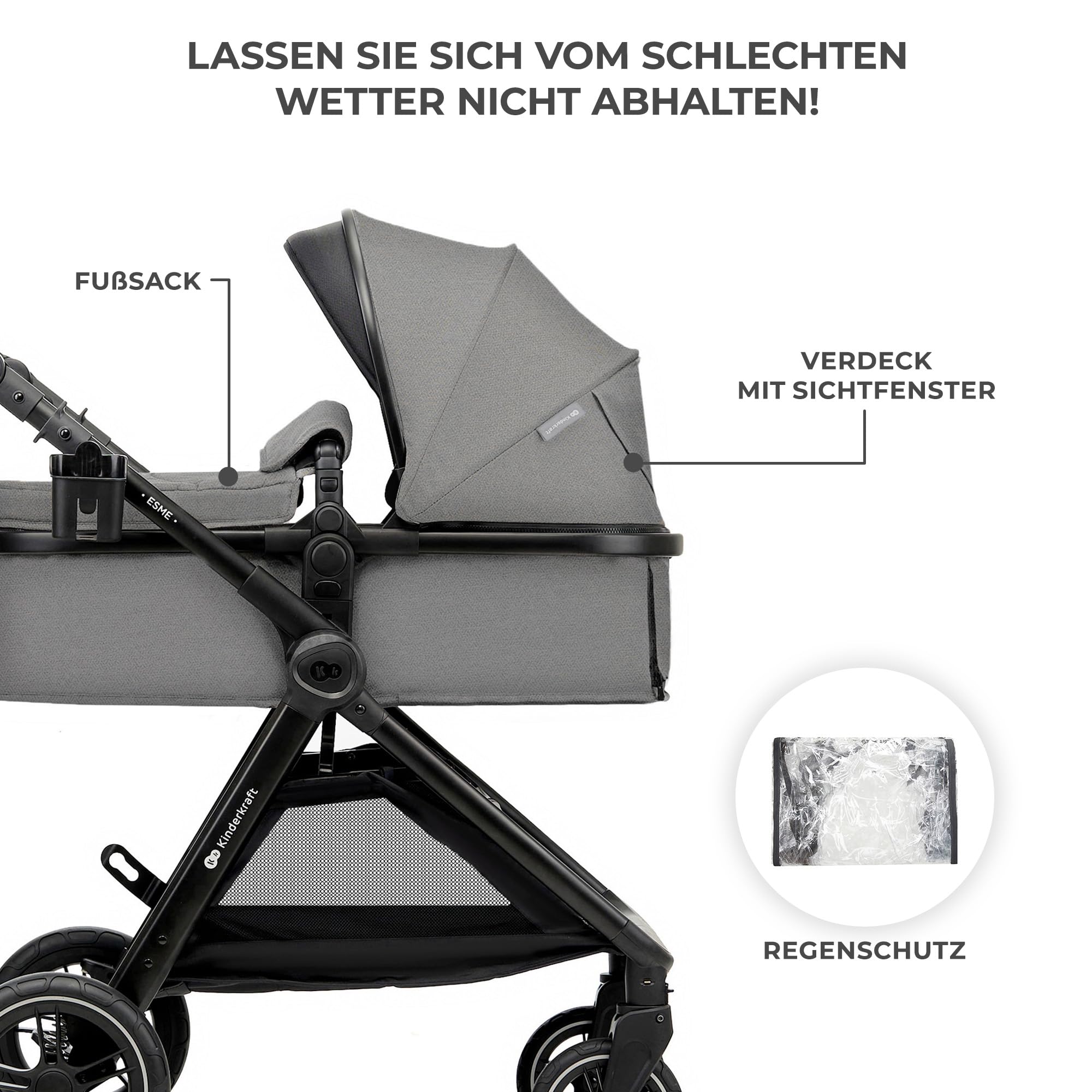 Kinderkraft ESME Kinderwagen 3 in 1 Komplettset bis 26 kg, Kombikinderwagen Reisesystem mit Babyschale I-size 40-75 cm, Zusammenklappen, Liegeposition, Grau