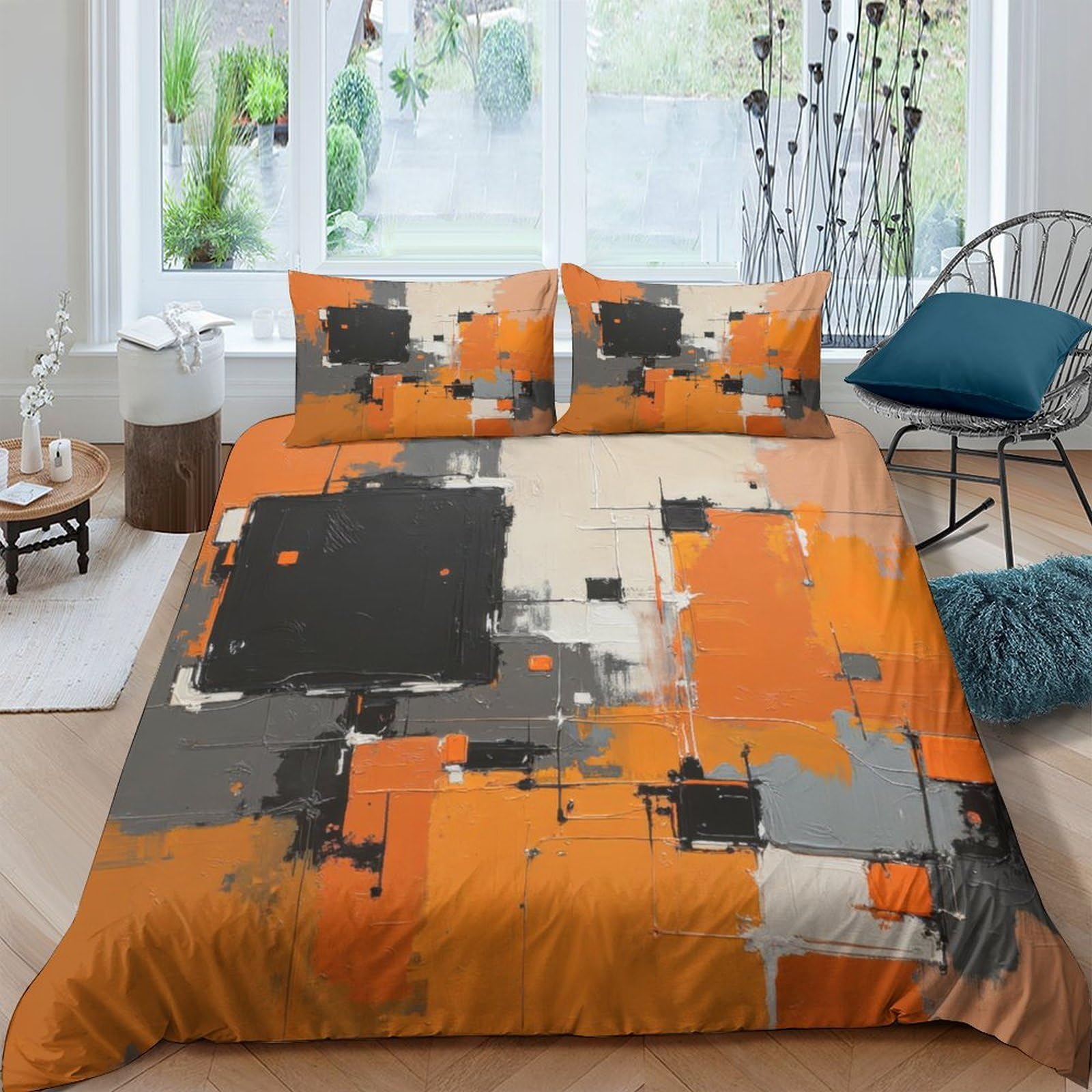 Ctjqhvkz Style-2 3D Printed Abstract Orange Black Fitted Sheet Microfiber Soft Modern Geometric Bed Sheet For Bedroom Guestroom Decor Single（135X200cm）