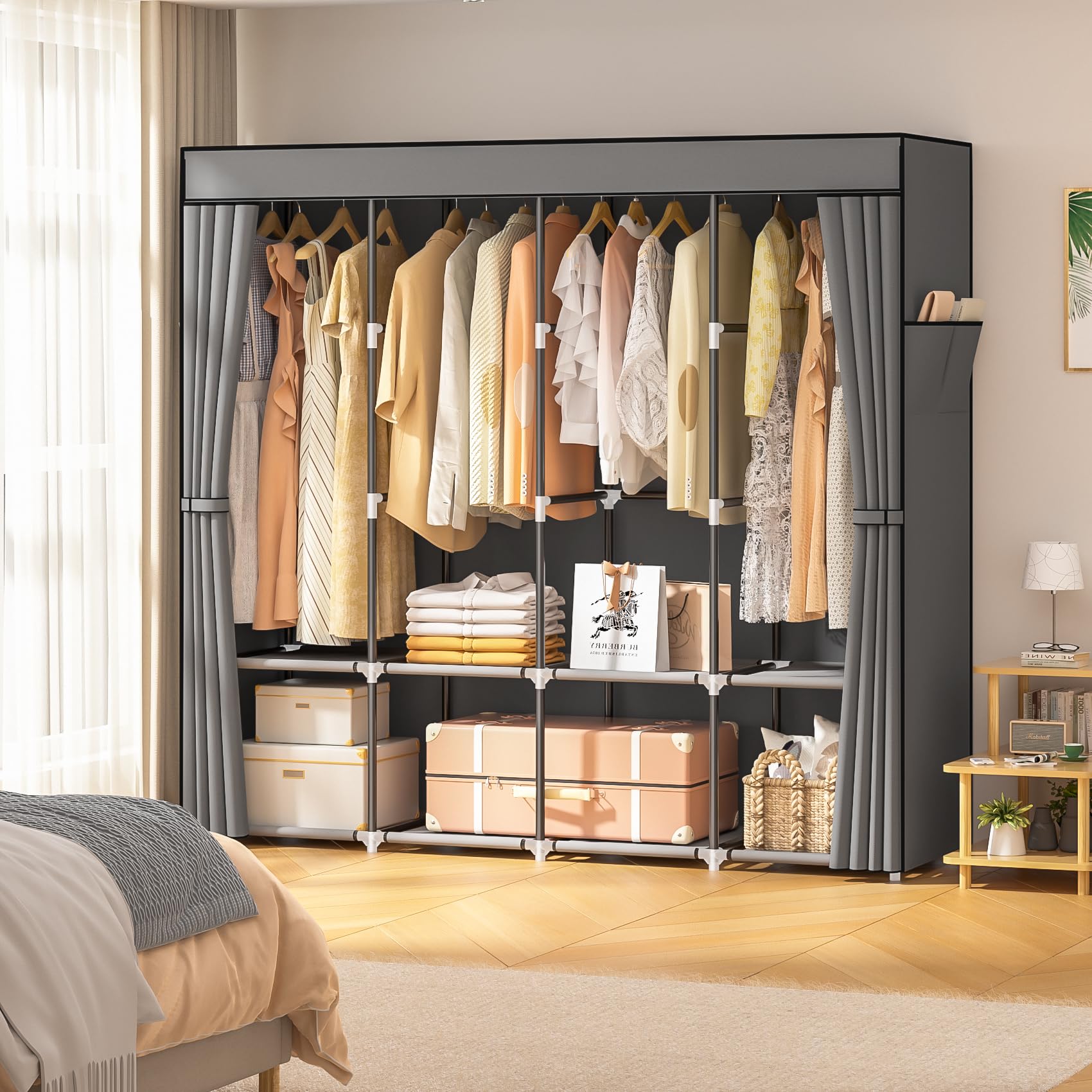 Neatrays Kleiderschrank, Stoffschrank mit 4 Kleiderstange Stabil & 8 Fächern, Faltbarer Kleiderschrank Wardrobe Closet für Kleiderablage Schlafzimmer Ankleidezimmer(Grau)