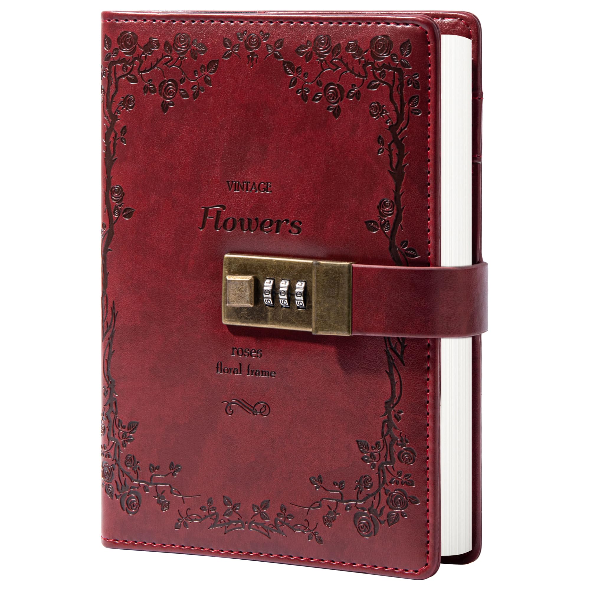Diario de piel con cerradura para escribir cuaderno, combinación de contraseña, papel rellenable, 205 x 140 mm, color rojo