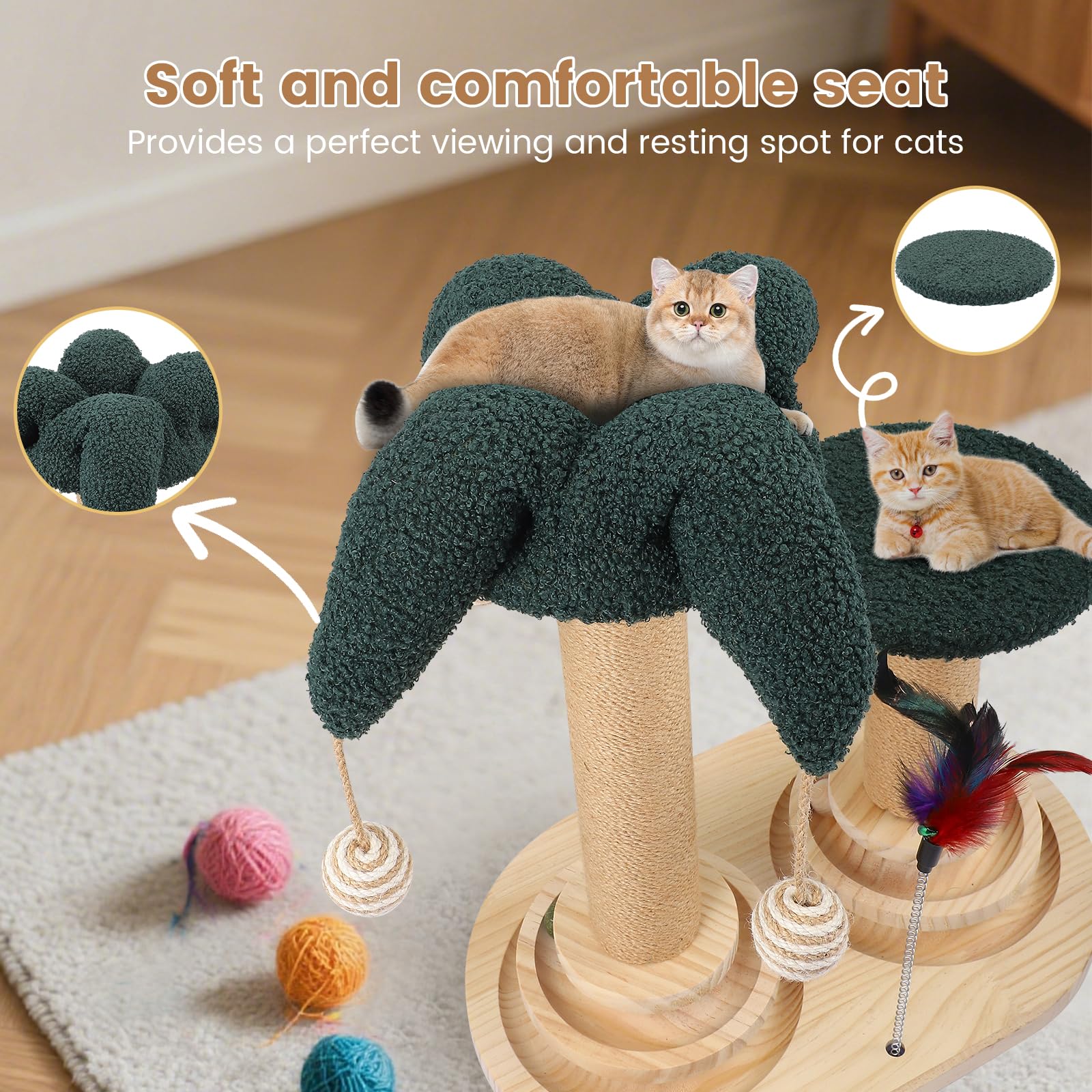 Juego de Juguetes interactivos 6 en 1 para Gatos con Pelota giratoria, Plumas, sisal y Yute Poste rascador, Tabla rascadora y Juguete, Mueble rascador, Juguete de Madera para Gatos con Plumas
