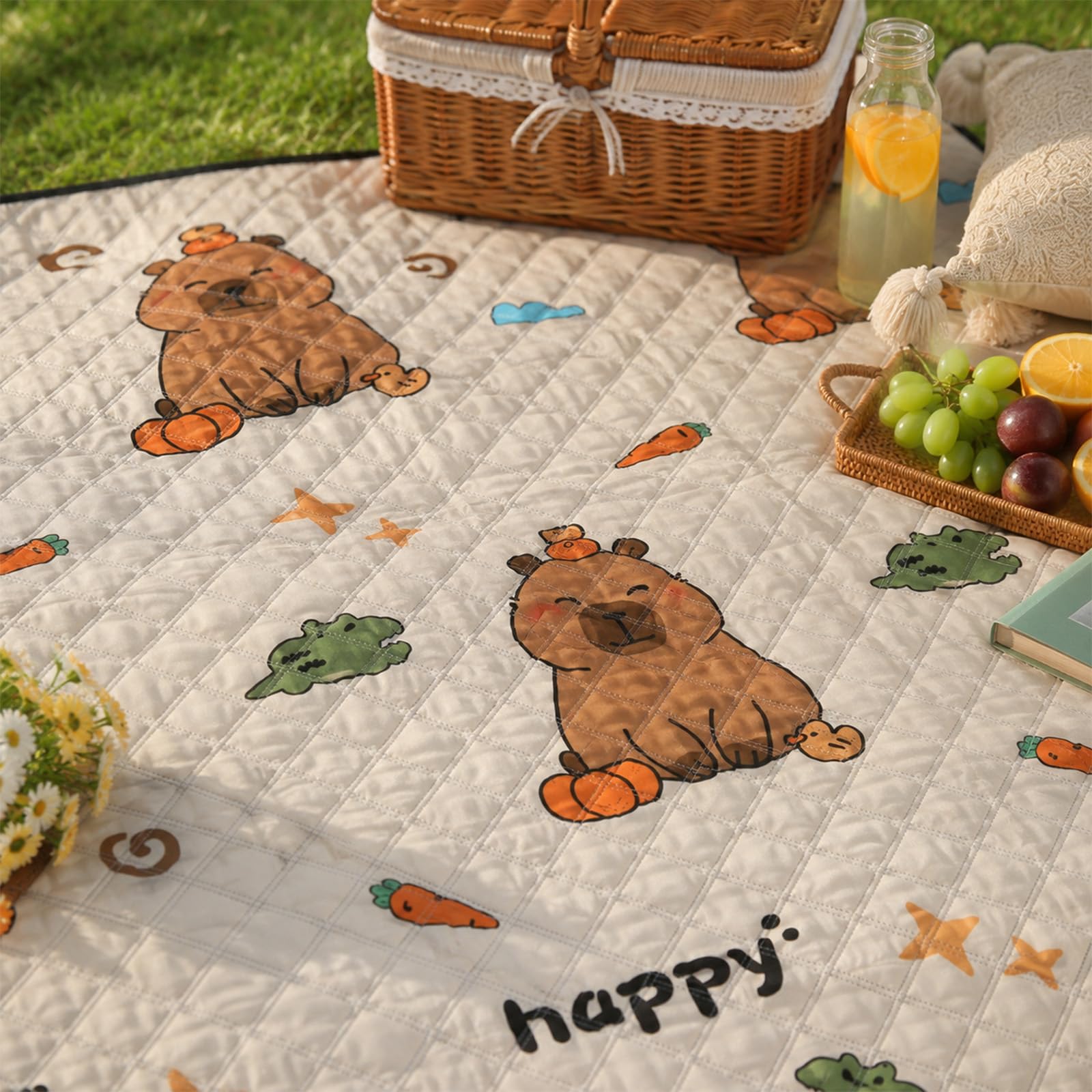 Yunora レジャーシート 厚手 ピクニックマット 両面防水 3層構造 大判 150*200cm 200*200cm 子供用 可愛い柄 レジャー 運動会 ピクニックマット 花見 遠足 たたみやすい 卷き取り式 収納可 (カピバラ, 150*200cm)