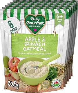 Baby Gourmet Organic Cereal - Apple Spinach Oatmeal - Resealable Bag - No Added Sugar Or Salt, Plant-Based Nutrition, Non GMO, BPA-Free Packaging, Kosher - (208g) 6-Pack, Green