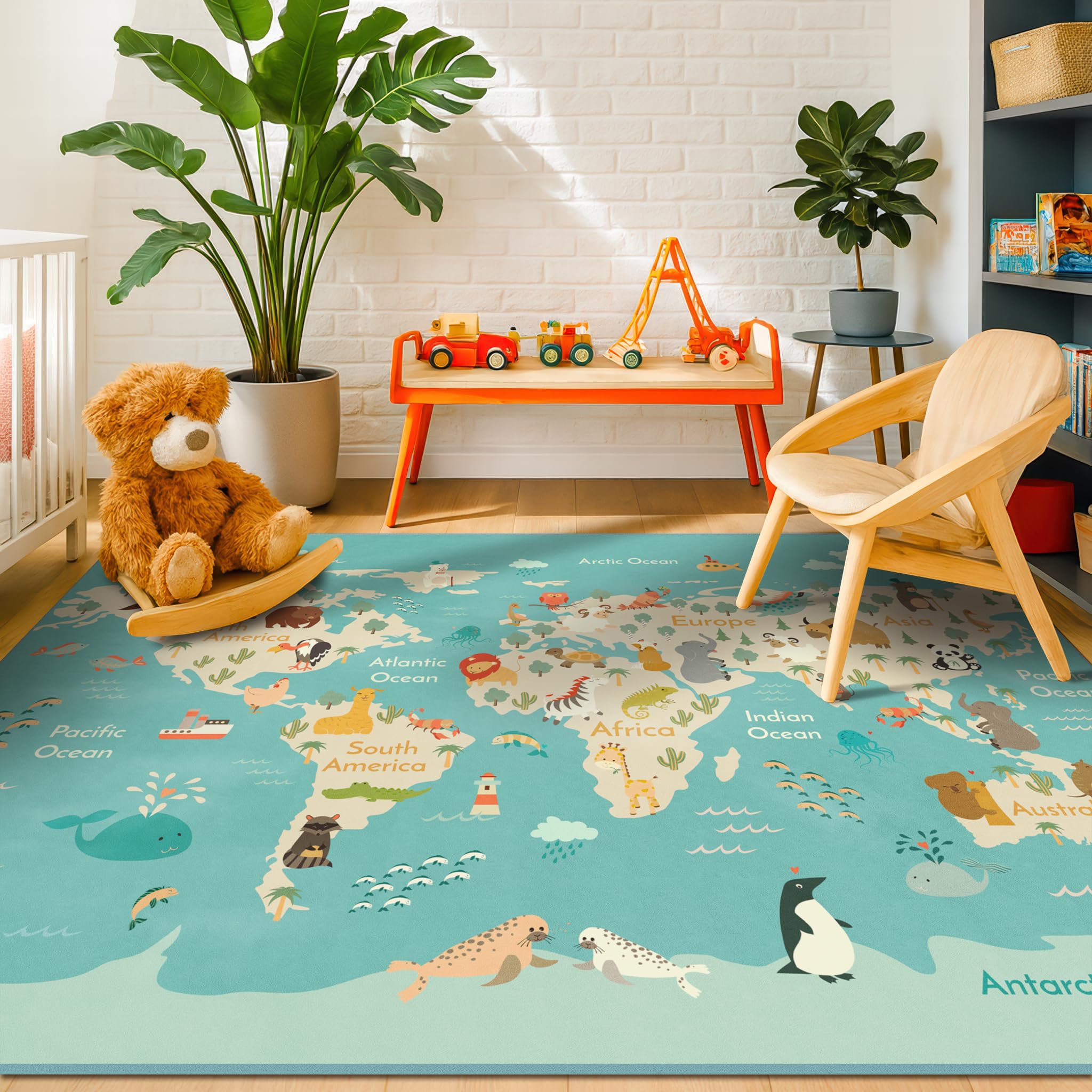 Washable 4x6 Kids Rug for Playroom – Educational Large Area Rug for Children, Toddlers, Non Slip Backing &amp; Soft - Cute Animal, Featuring Continents World Map Carpet for Bedroom or Reading Corner